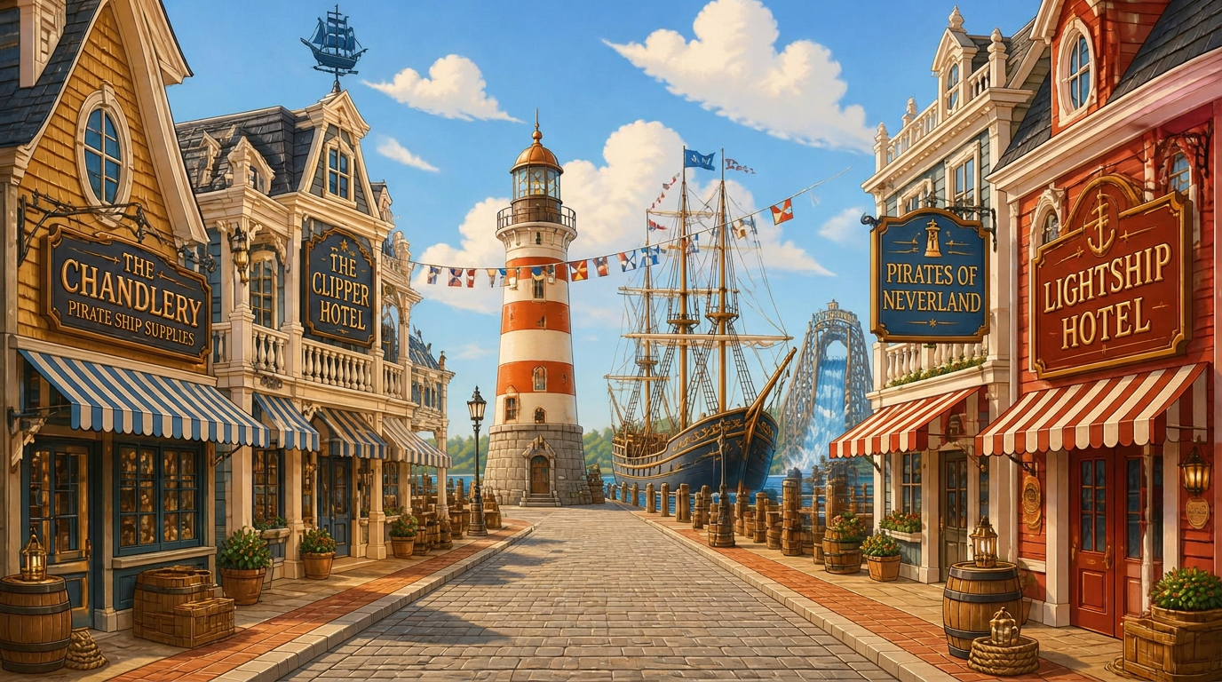 The Docks in bright daylight — a colourful Victorian harbour street with shops, hotels, a red-and-white lighthouse, a tall ship at anchor, and the Tide-Breaker log flume in the background.