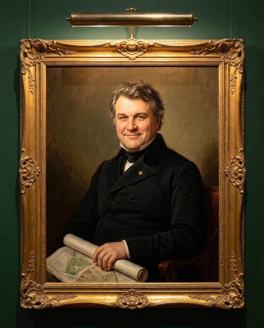 A gilded oil portrait of Stephen Wallis holding a rolled park plan