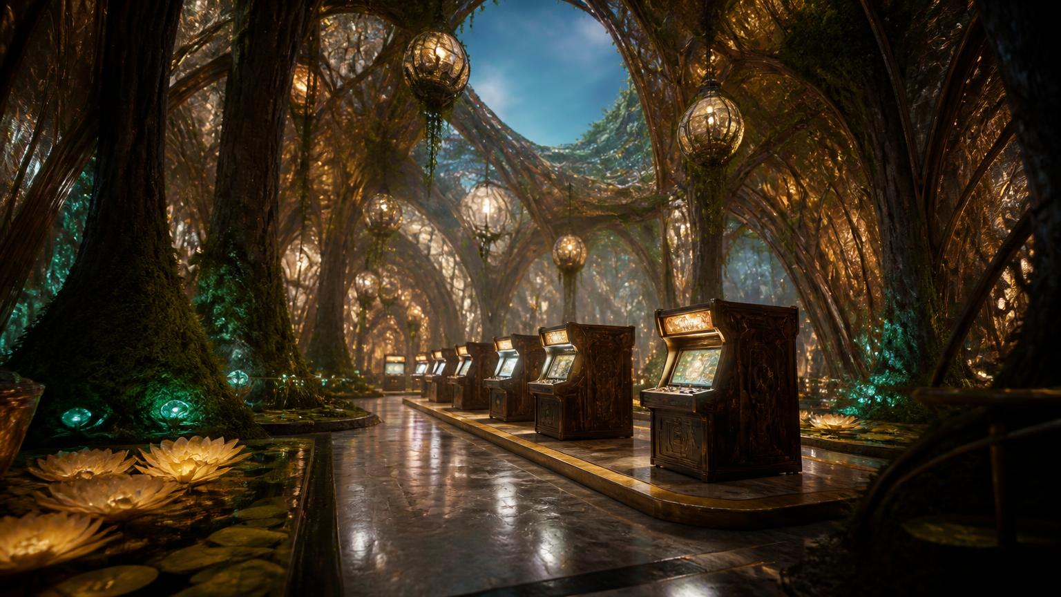 A vast hall of translucent woven glass grown between colossal trees on Aetheris, hung with glowing moss lanterns, amber lily pools along the floor, and a row of lit cabinets on a polished stone deck.