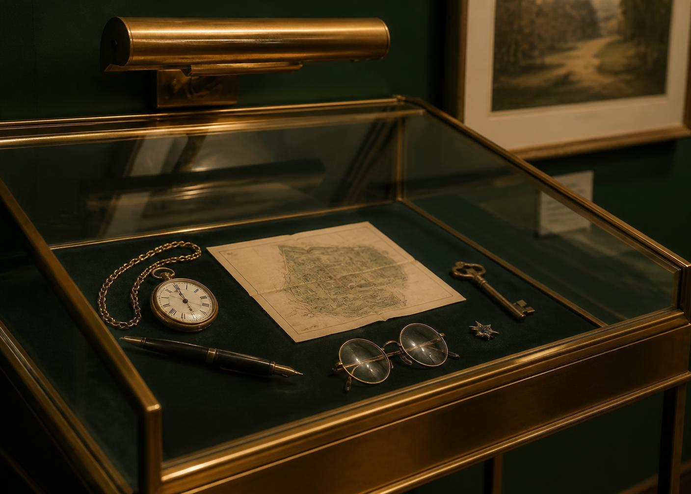 A brass and glass case holding a pocket watch, pen, folded park plan, spectacles, key and a small star pin