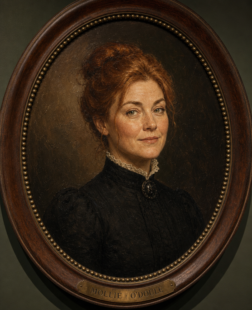 Victorian oil-portrait bust of Mollie Crustworth née O'Doule in an oval walnut frame