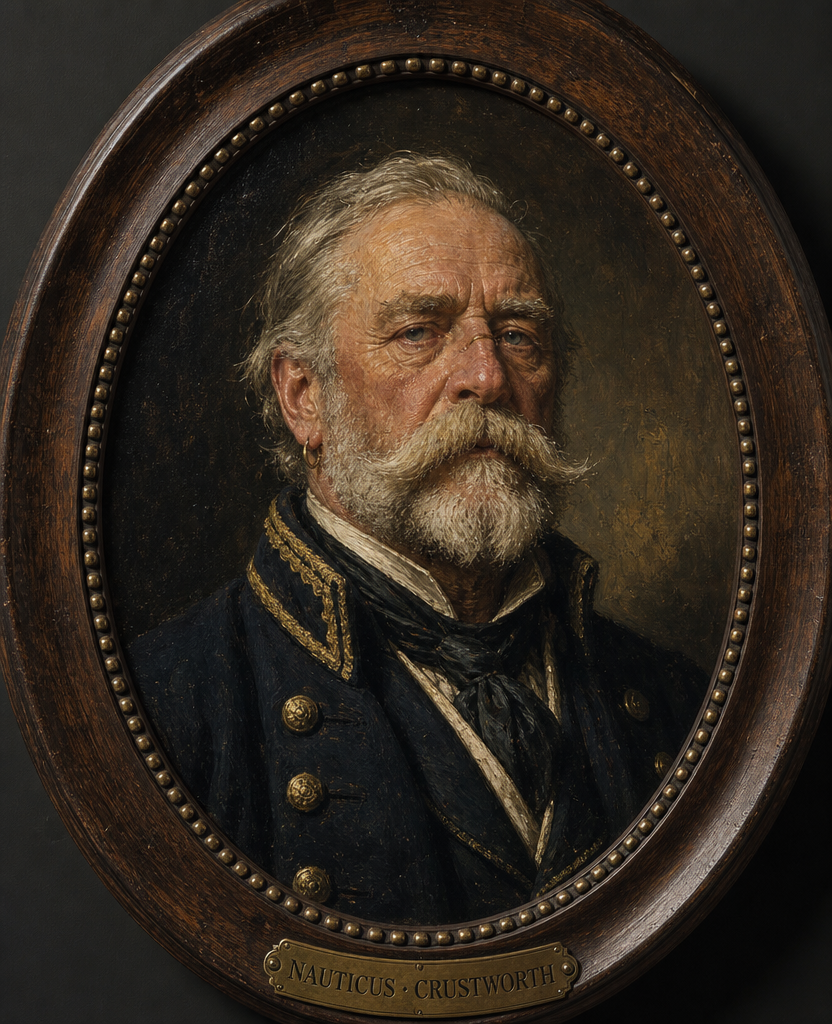 Victorian oil-portrait bust of Captain Barnaby Crustworth in an oval walnut frame