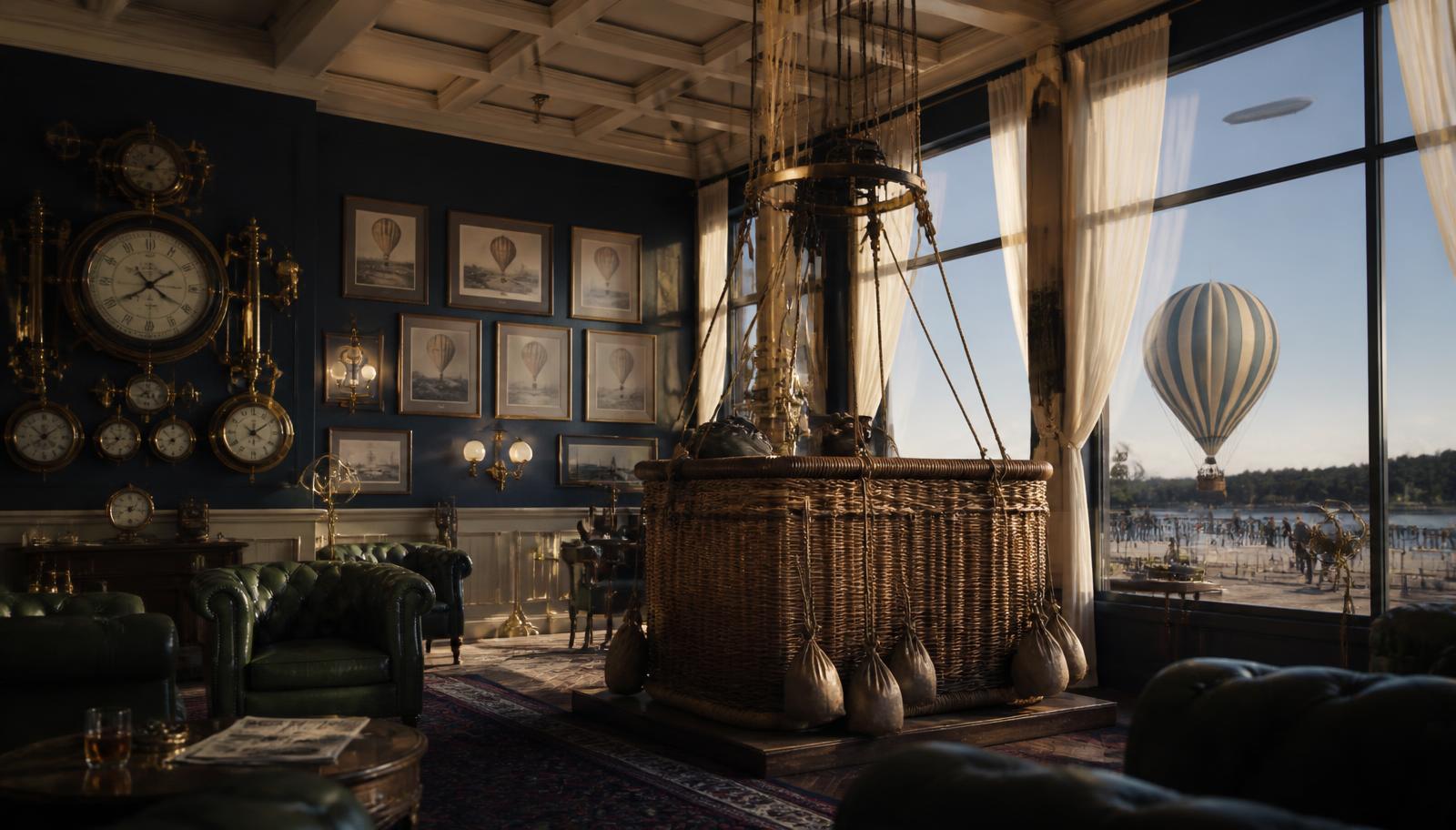The Aerostat Club room — green leather chairs, a wall of brass barometers and framed balloon prints, and an enormous varnished wicker balloon basket displayed in the middle of the room.