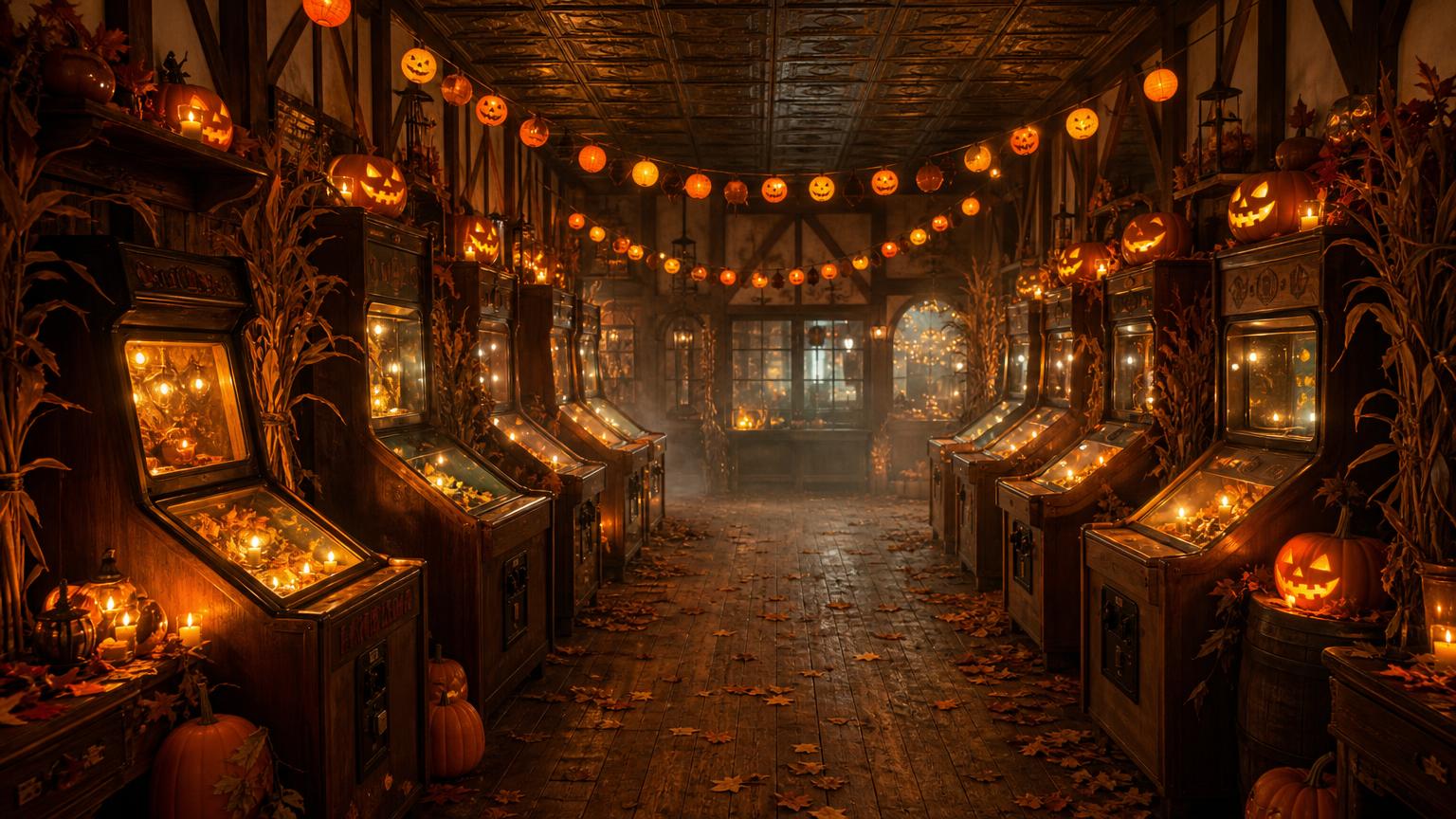 A warm timber Halloween arcade hall with carved glowing pumpkins, orange string lanterns, corn stalks and a row of lit wooden game cabinets.