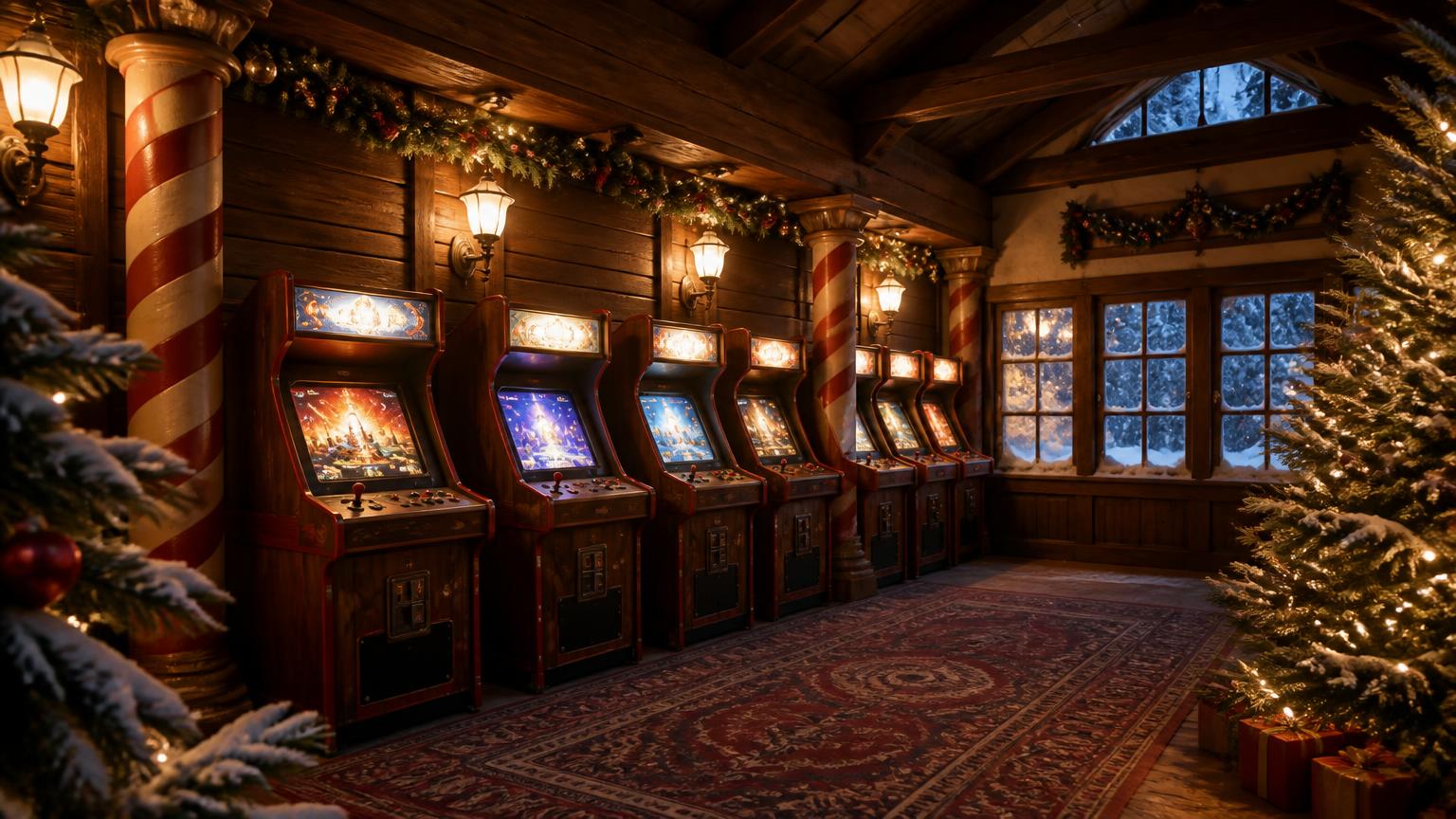 A cosy timber Christmas arcade with candy-stripe pillars, garlands, a lit tree and a row of glowing wooden game cabinets.