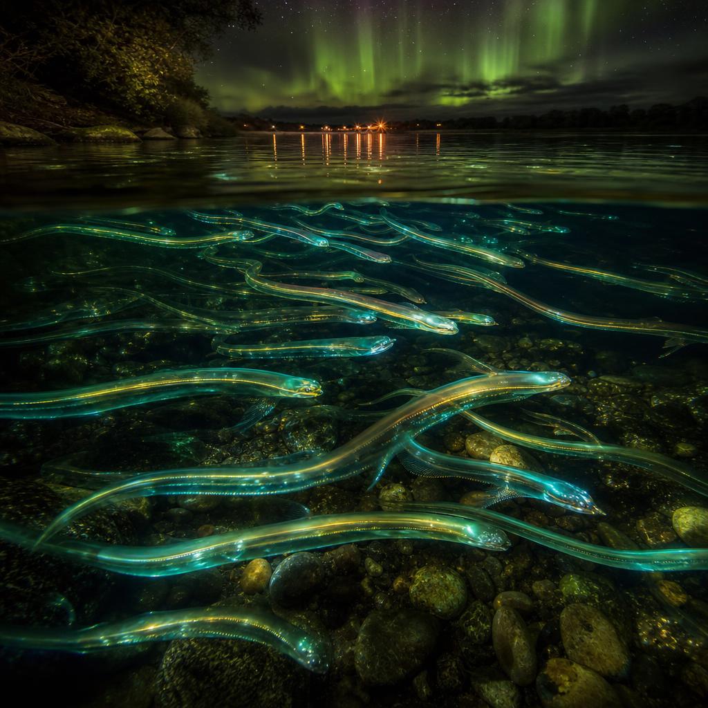 A photorealistic shoal of long translucent alien eels with glowing teal and gold stripes swimming in clear river water at night beneath an aurora.