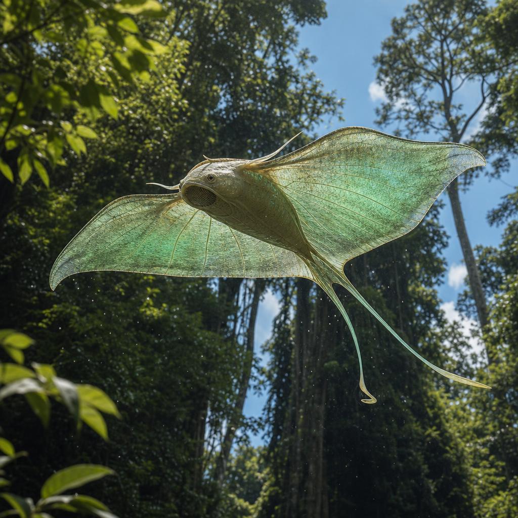 A photorealistic broad flat alien glider with translucent ribbed wings and trailing ribbon fins gliding between colossal jungle trees.