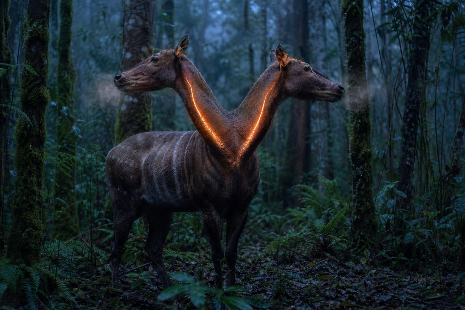 A photorealistic moose-sized alien grazing mammal whose neck forks into two heads, standing on a mossy forest floor with a warm ember glow beneath its skin.