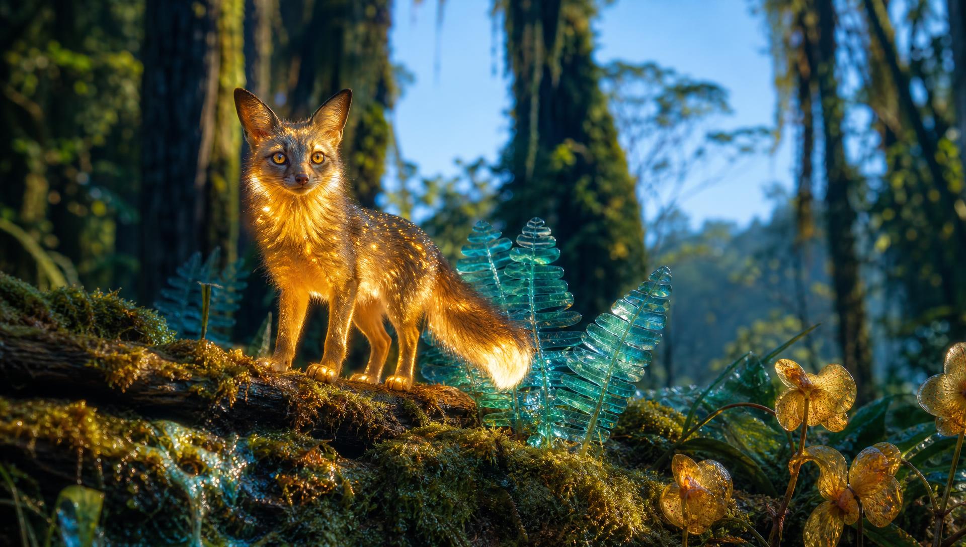 A photorealistic small fox-like alien creature with softly glowing fur on a bioluminescent jungle floor.