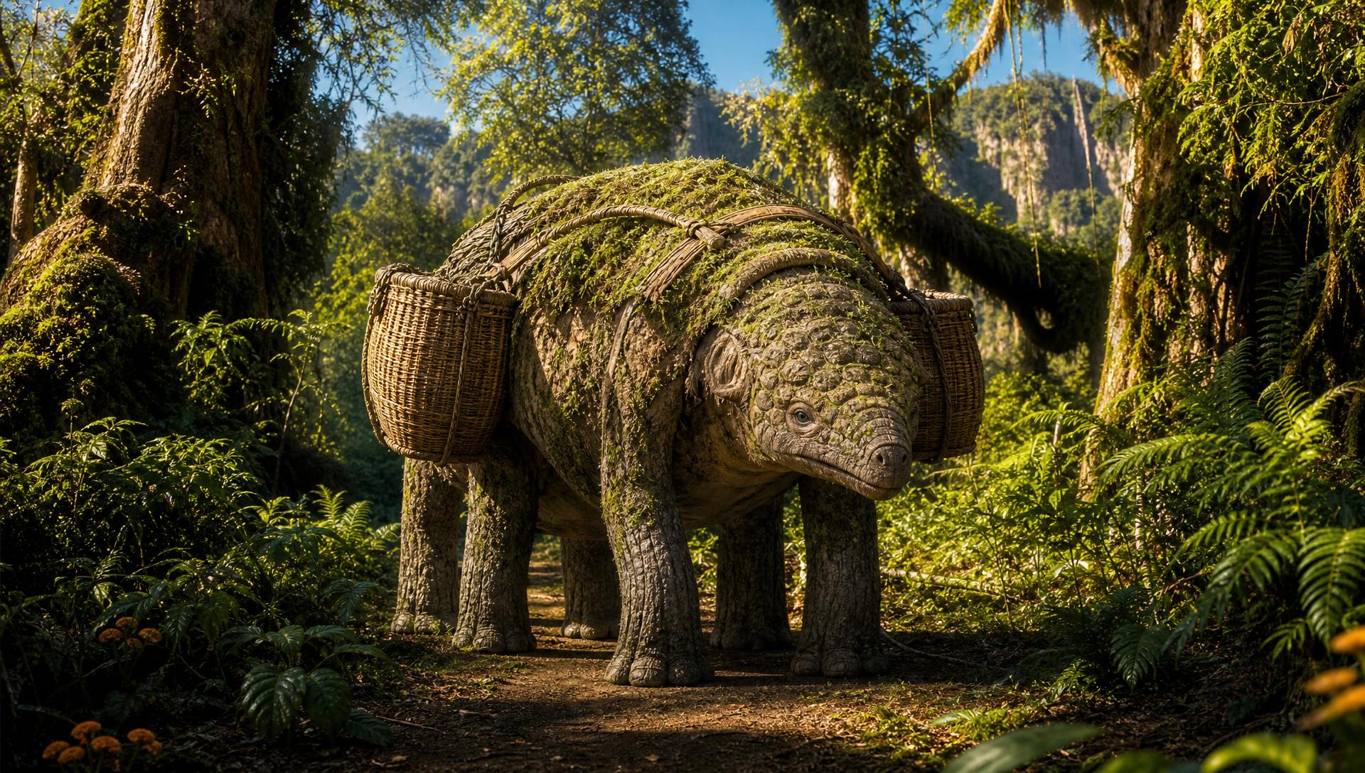 A photorealistic heavy six-legged alien beast with living moss growing across its plated back, standing on a jungle path.
