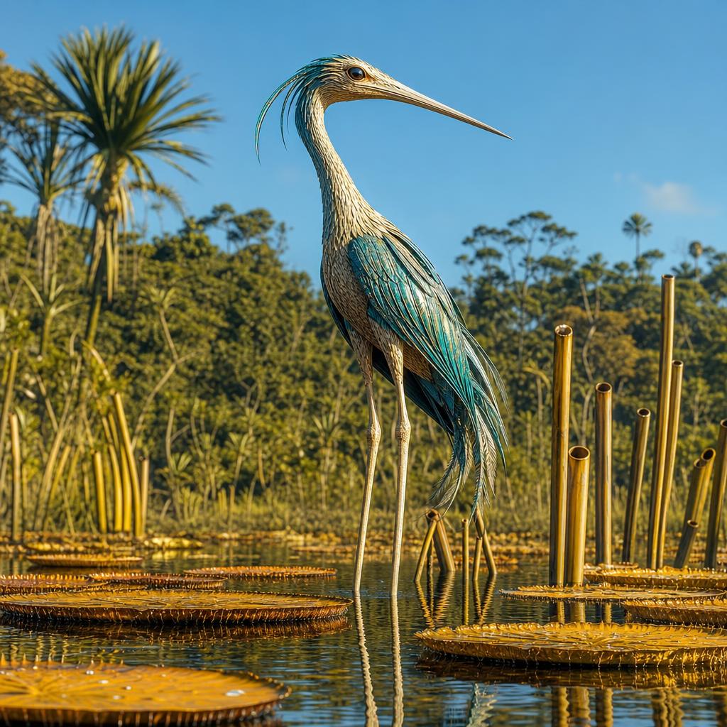A photorealistic tall long-legged alien wading bird with iridescent teal plumage standing motionless in a shallow river among amber lily pads.