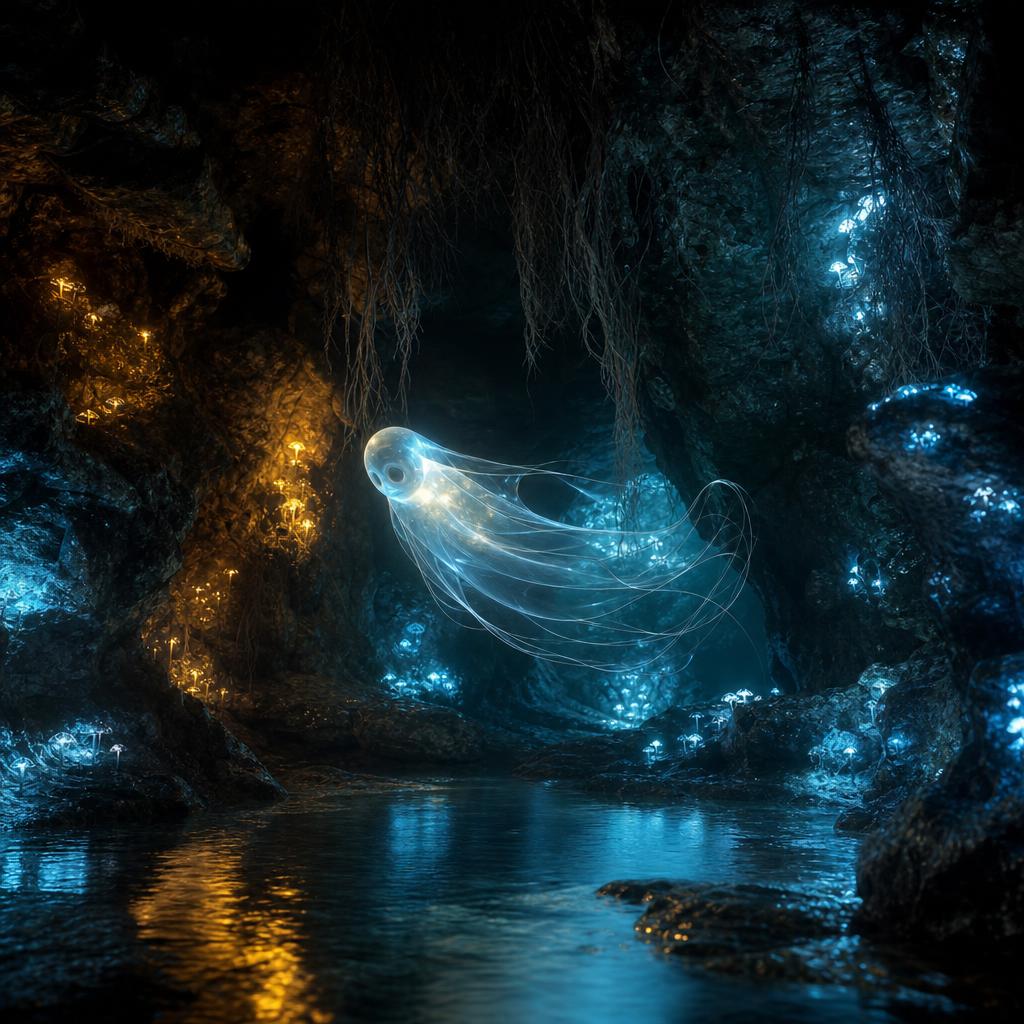 A photorealistic pale translucent drifting creature with veil-like trailing edges hovering above a glowing pool in a bioluminescent root-cavern.