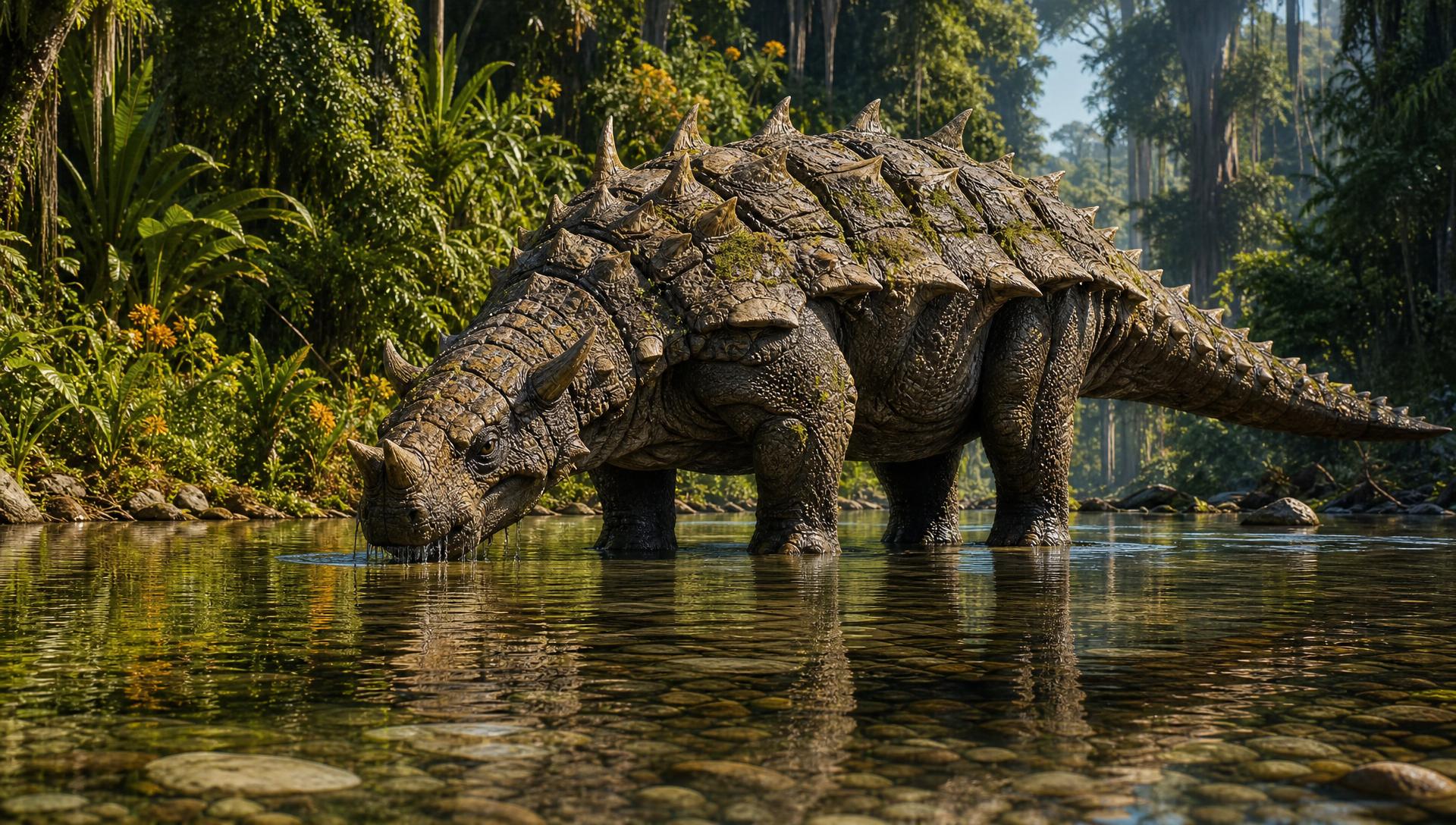 A photorealistic immense armoured alien herbivore drinking from a river in an alien jungle.