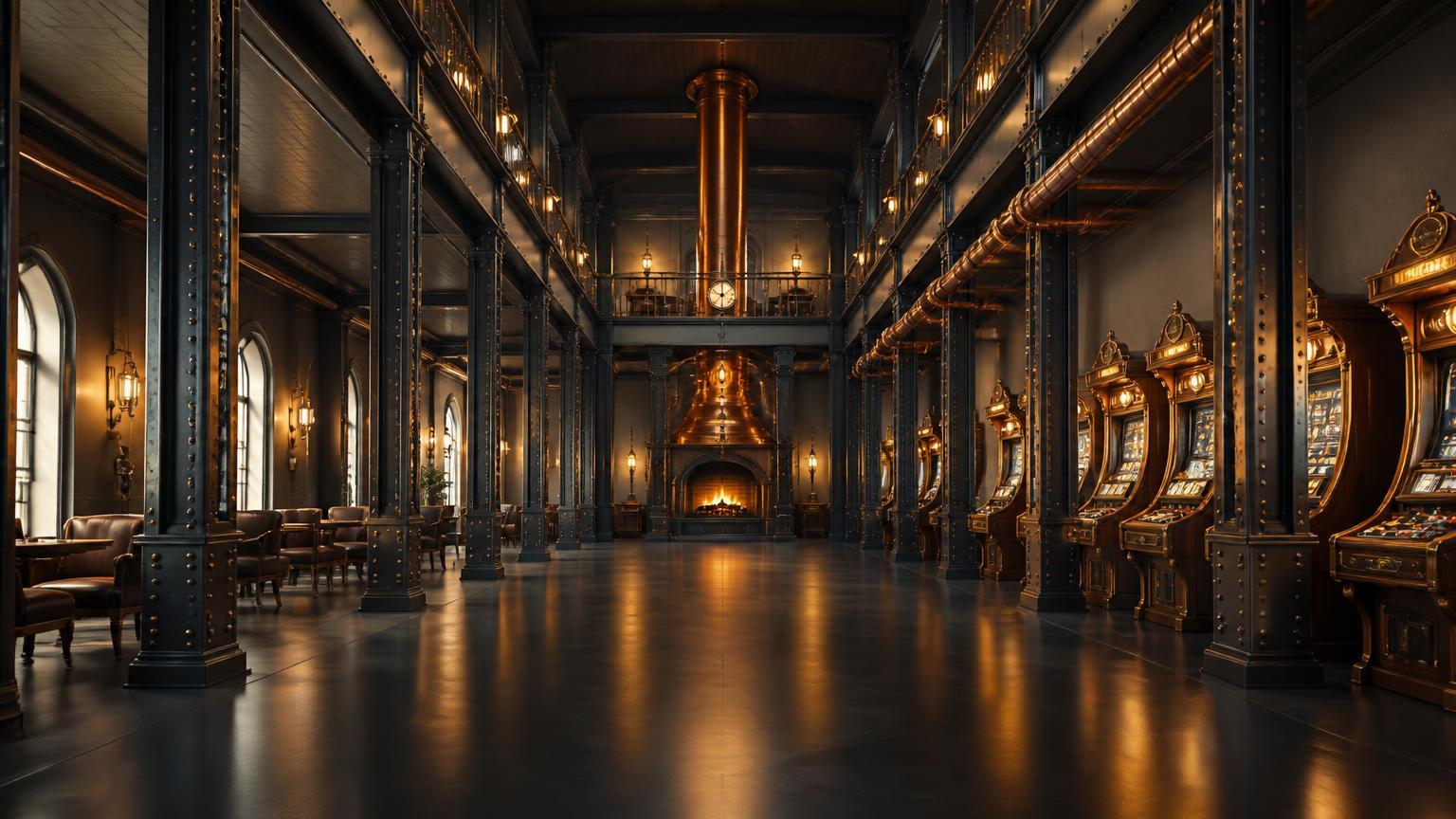 A photoreal foundry interior converted into an arcade hall, with riveted iron columns, copper pipework, a glowing coal hearth and a row of lit wooden cabinets.