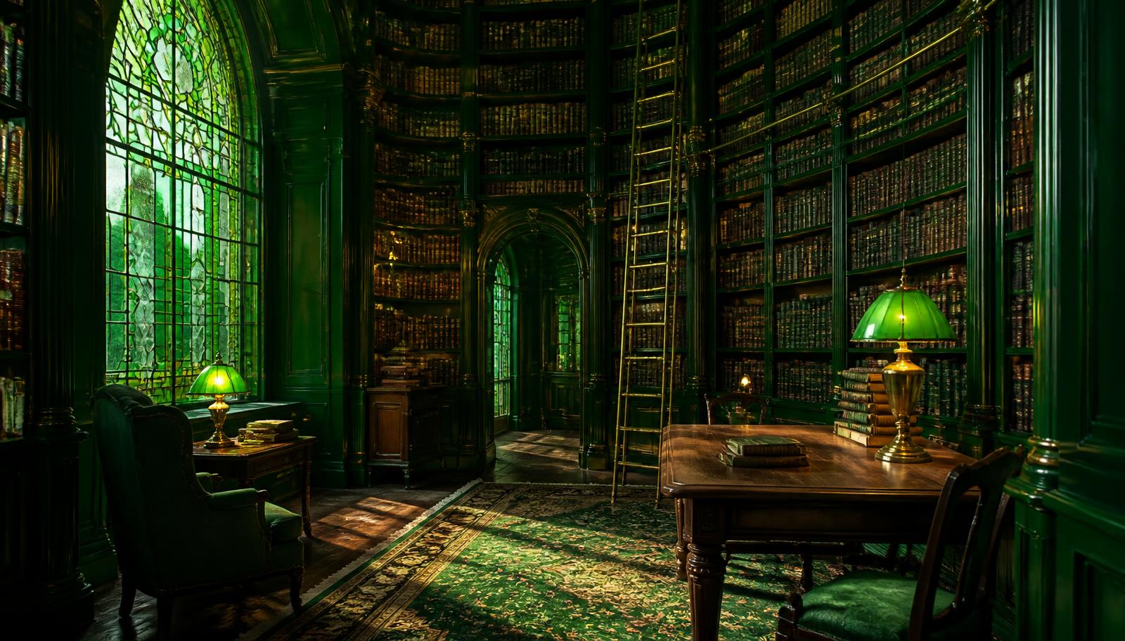 The interior of The Royal Book Shop, a warm emerald-and-gold bookshop with floor-to-ceiling shelves and a rolling ladder.