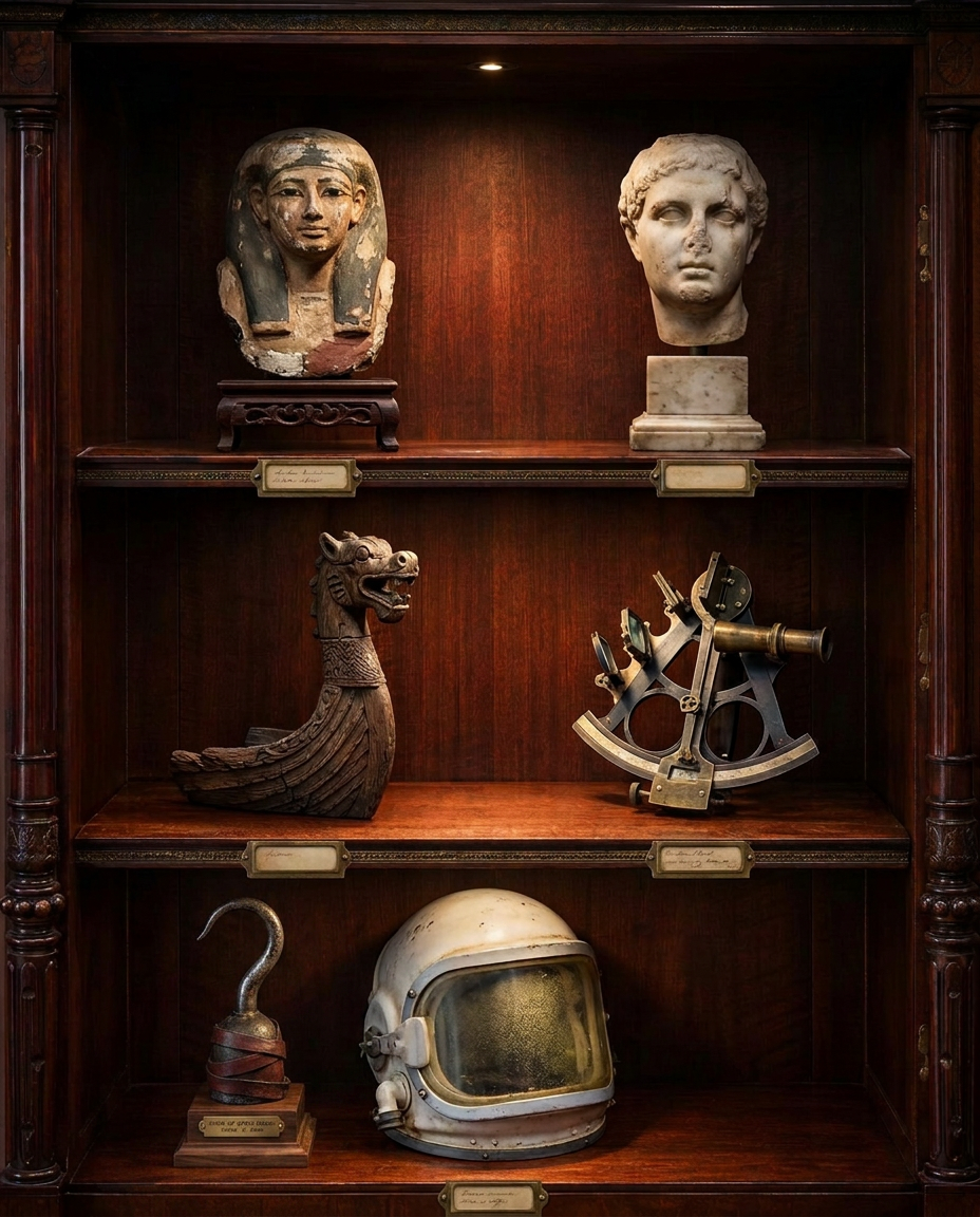 A Victorian mahogany curio cabinet containing an Egyptian mask, a Roman marble bust, a Viking ship prow, a brass sextant, Captain Hook's iron hook, and an astronaut helmet.