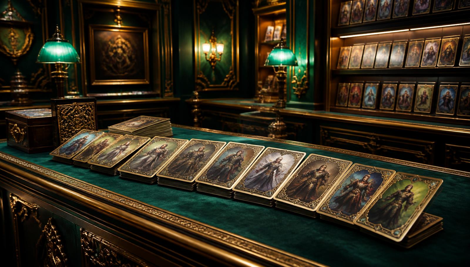 The interior of The Card Parlour, a green-velvet trading room with brass lamps and collectible cards laid out on the tables.