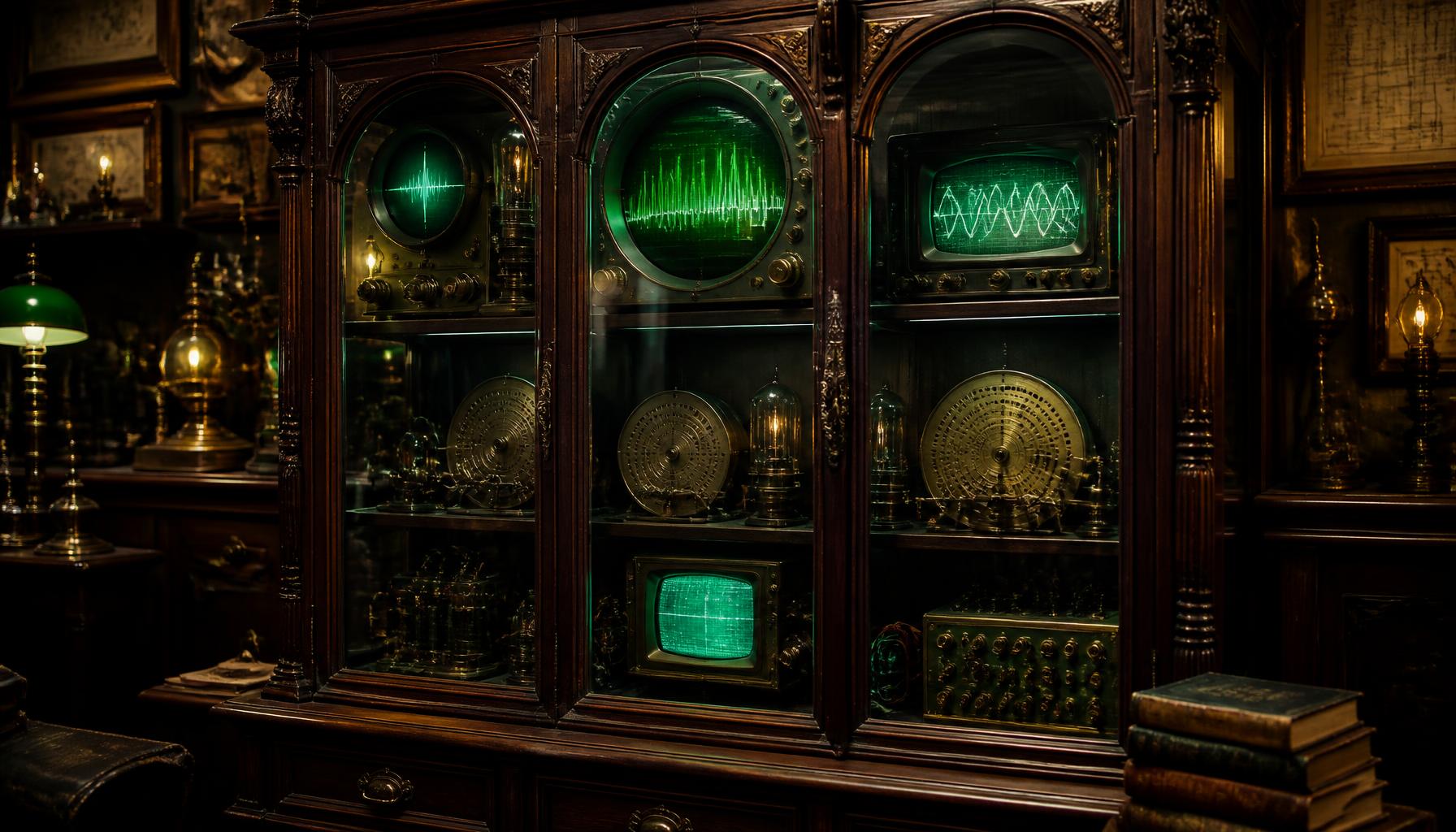 An ornate mahogany cabinet with glass doors, glowing green cathode-ray tubes, oscilloscope waveforms, and brass Nipkow disks.