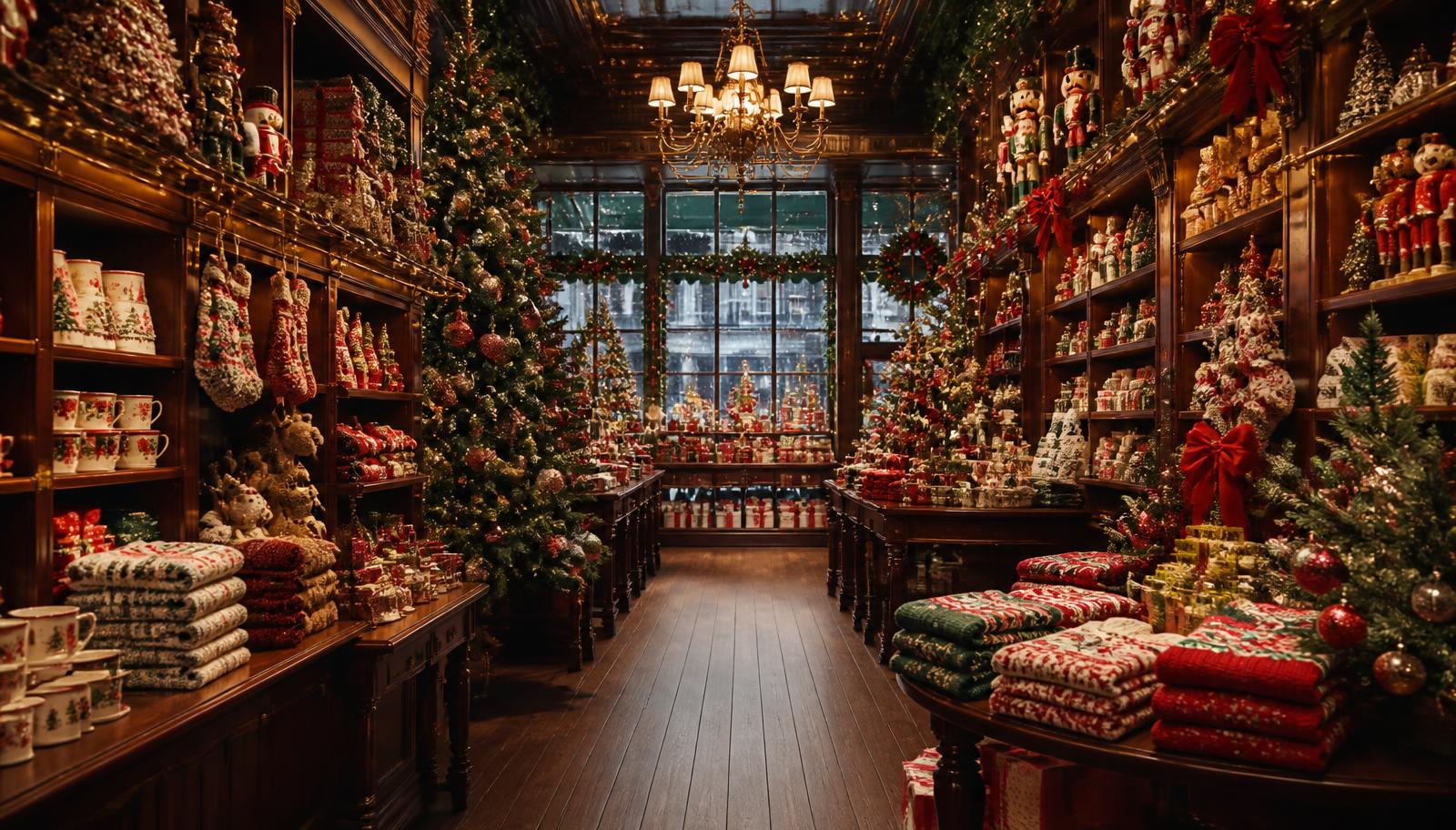 The interior of a grand Victorian Christmas store: mahogany shelving crowded with knits, mugs, plush and nutcrackers under a chandelier.