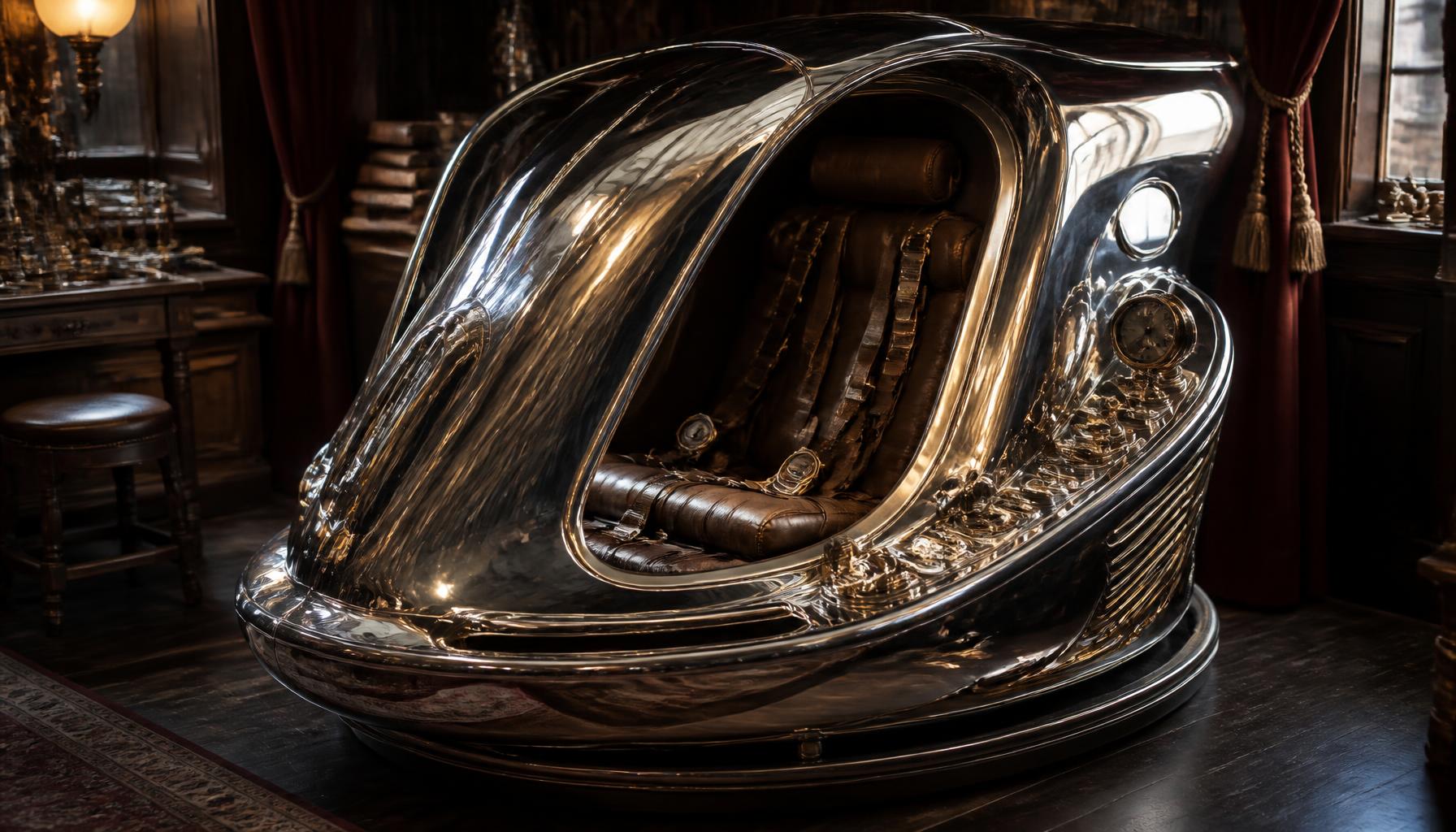 A polished chrome time-travel pod seat with leather straps, brass gauges, and a glass viewport, sitting in a Victorian study.