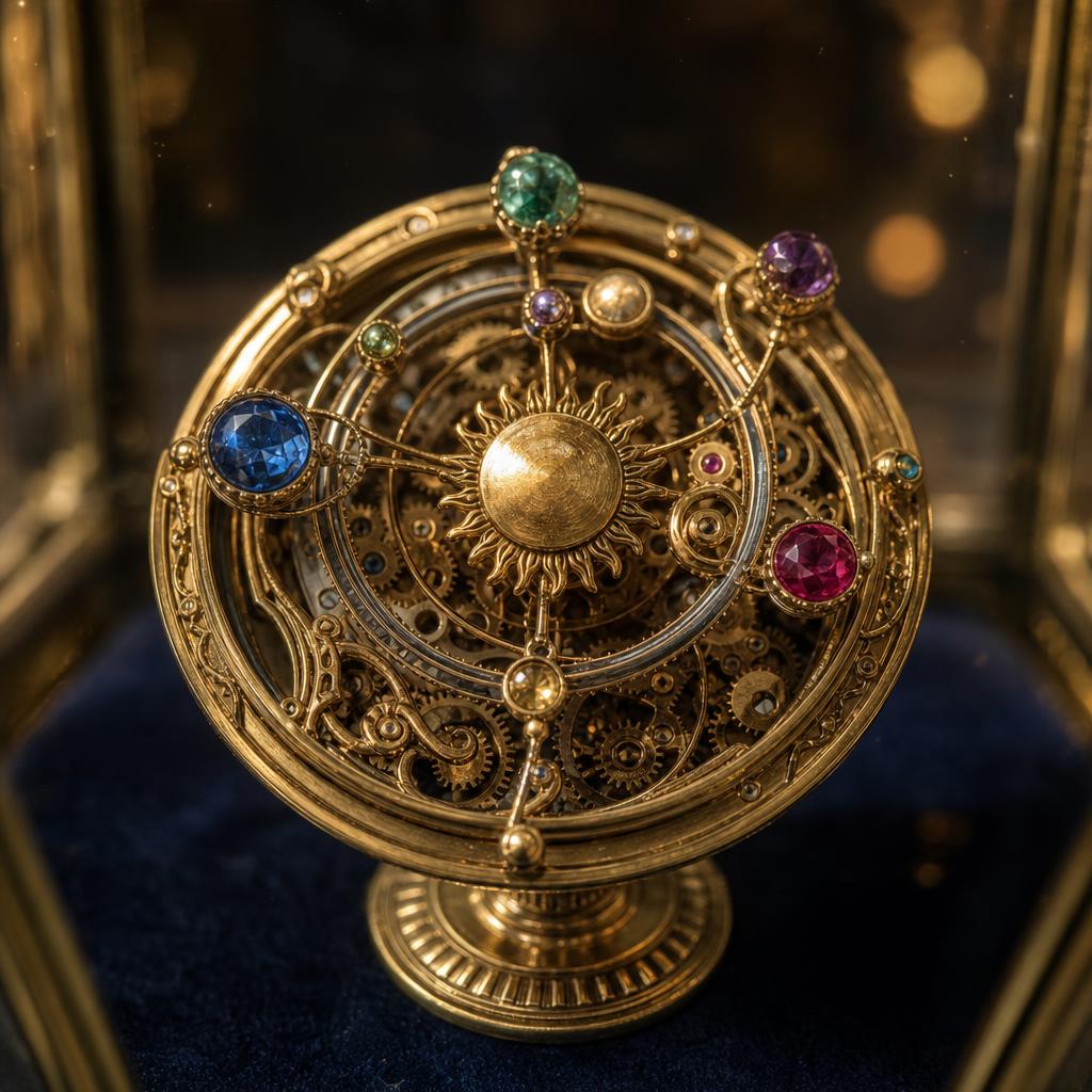 The Grand Orrery — extreme close-up inside a glass museum case