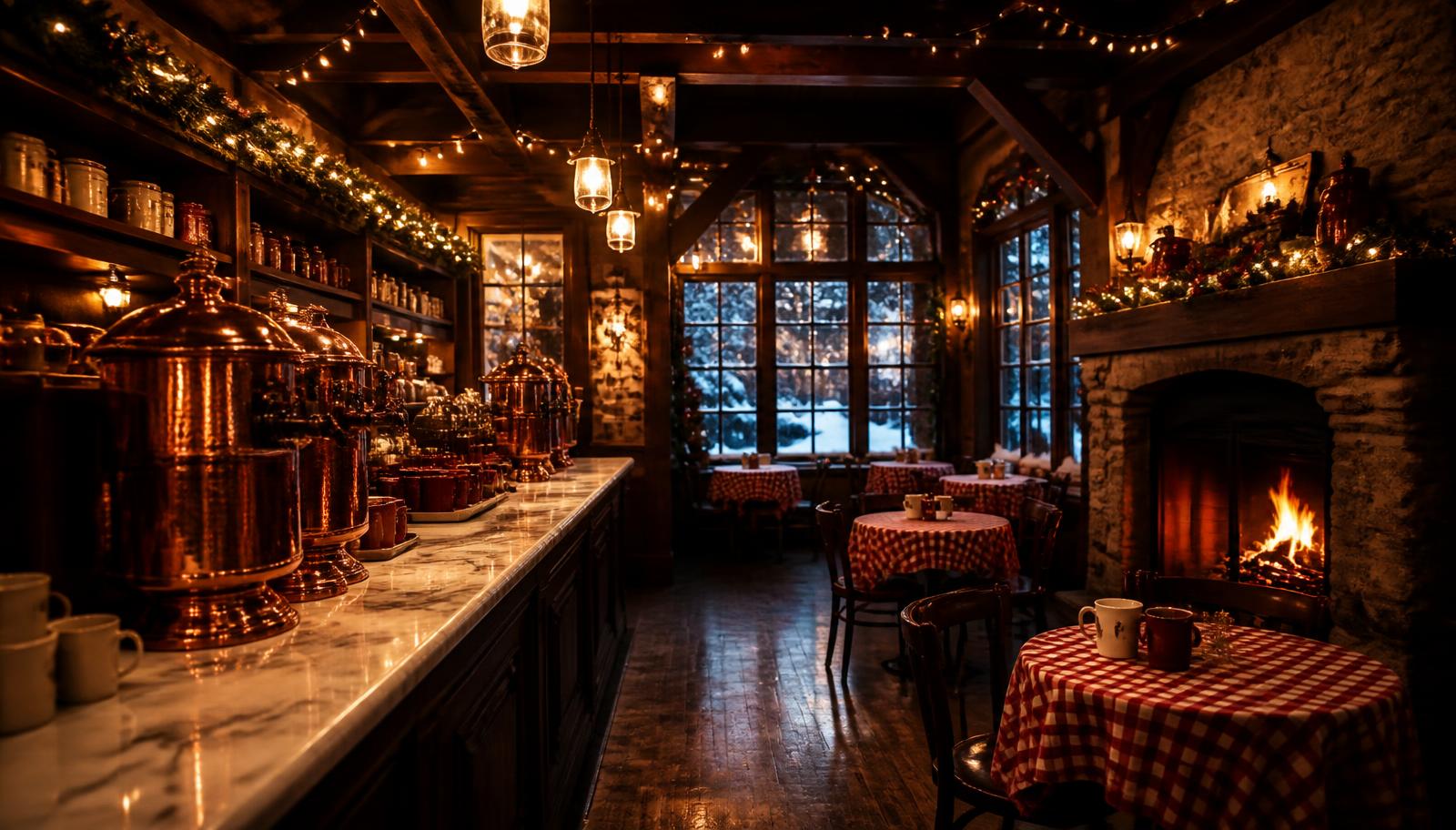 A Victorian hot-chocolate house: marble counter, copper cocoa urns, a stone fireplace, and red-checked tables.