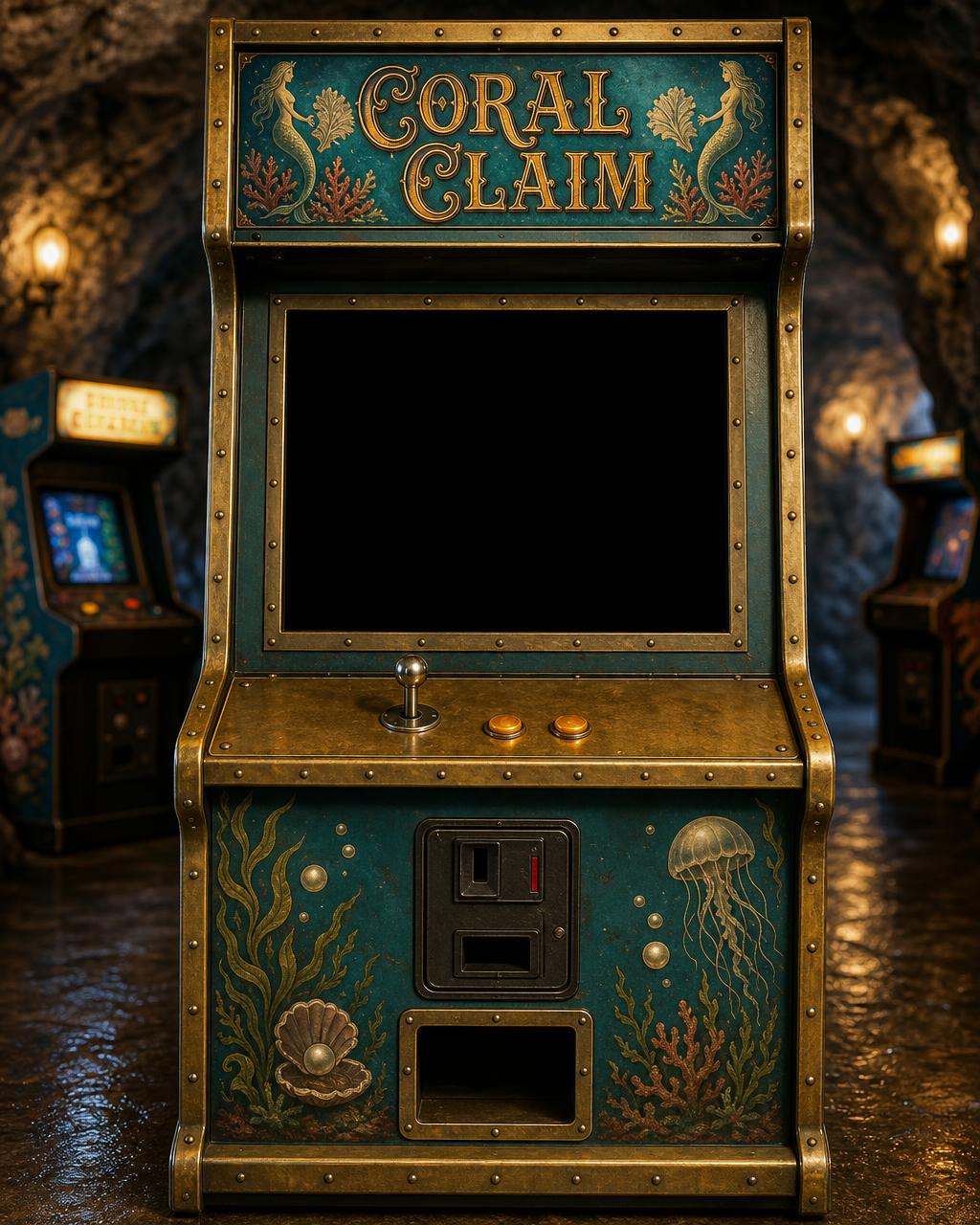 A turquoise and brass arcade cabinet with a gold CORAL CLAIM marquee, painted kelp, pearls and a jellyfish on its front, standing in a sea cave.