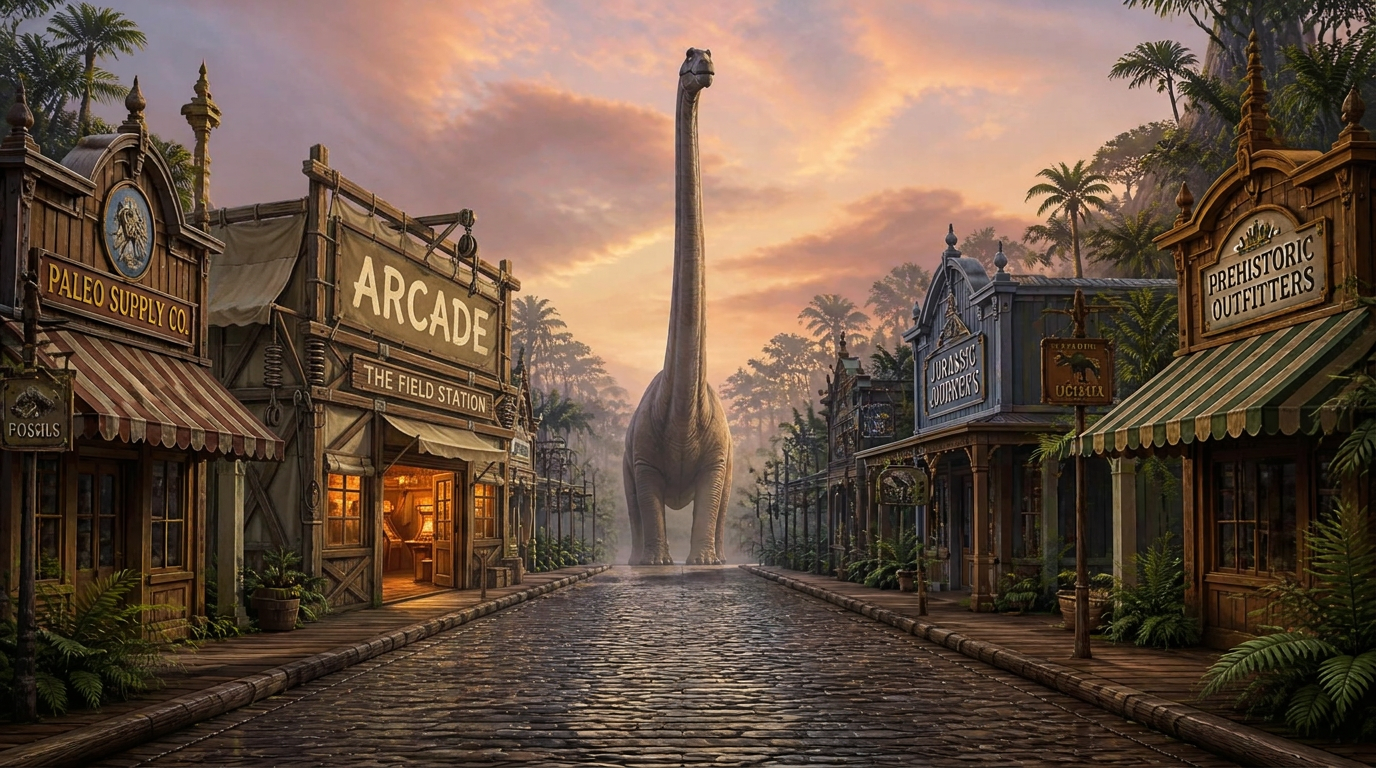 A photorealistic-painterly theme-park main street at prehistoric dawn, with six ornate shopfronts lining a cobblestone street and a colossal brachiosaurus sauropod standing at the vanishing point, its long neck rising like the Epcot globe.