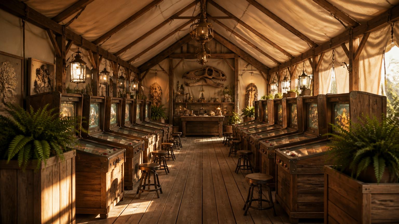 A dawn-lit expedition field station with canvas walls, fossil casts and a row of crate-built wooden game cabinets.