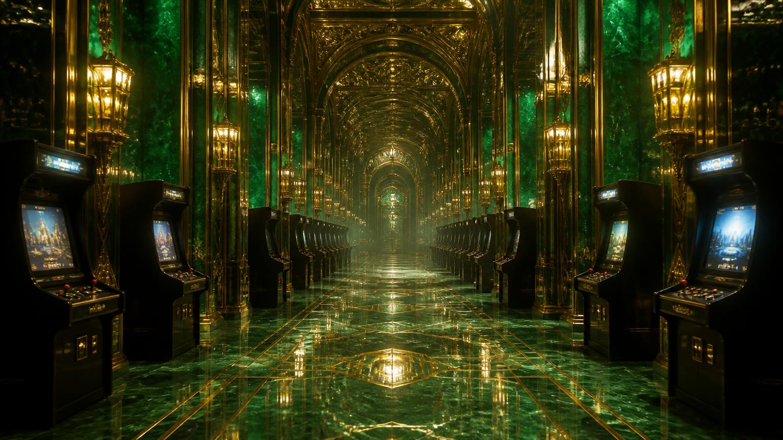 A photoreal green-glass arcade hall with emerald panelling, gold filigree and a row of lit game cabinets.
