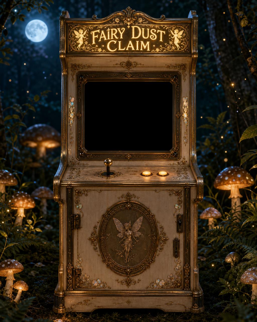 A carved birch and blackened brass arcade cabinet with a gilded FAIRY DUST CLAIM marquee, standing in a moonlit fairy glade among glowing toadstools.