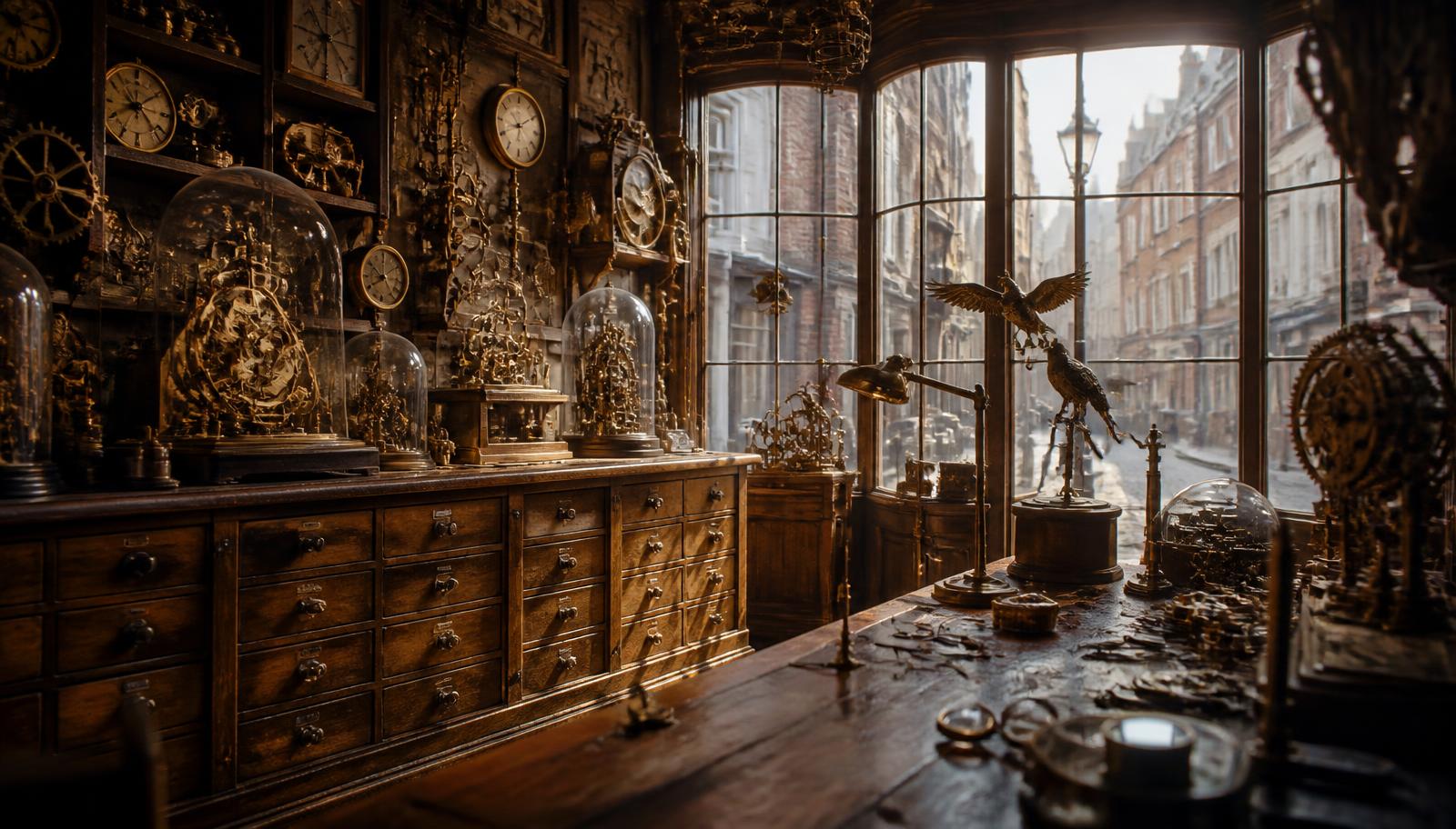 The interior of Gearworks & Gadgets — a Victorian clockwork shop with oak drawer cabinets, glass bell jars over working mechanisms, and a brass automaton bird by the bay window.