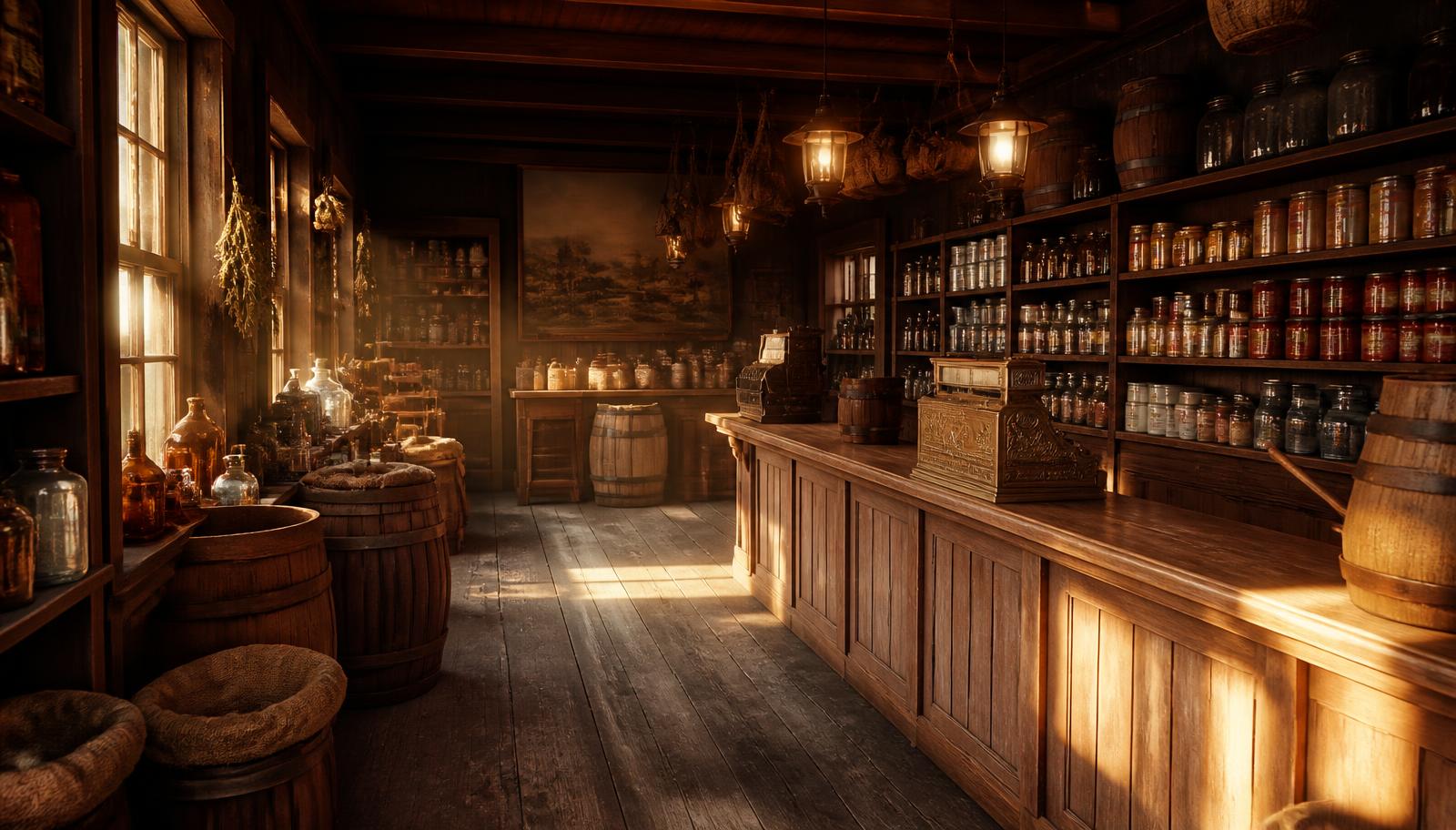 The General Store interior, late afternoon light on wooden shelves and brass register.