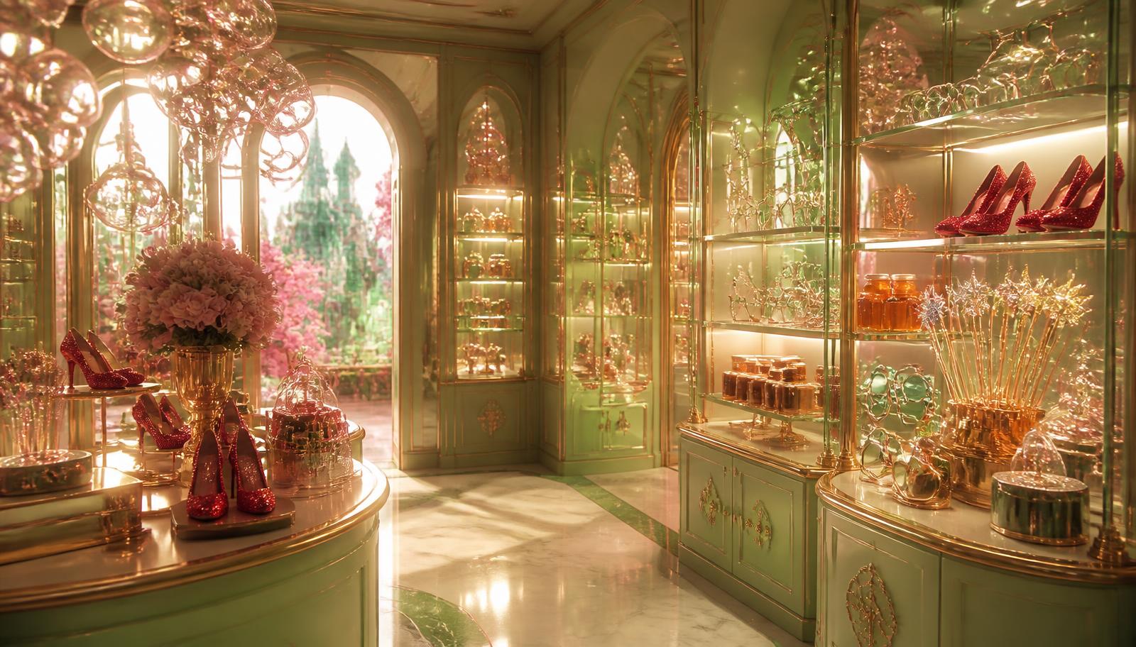 The interior of Glinda's Goods, a green-and-gold boutique lined with glass cabinets of slippers, wands, and keepsakes.
