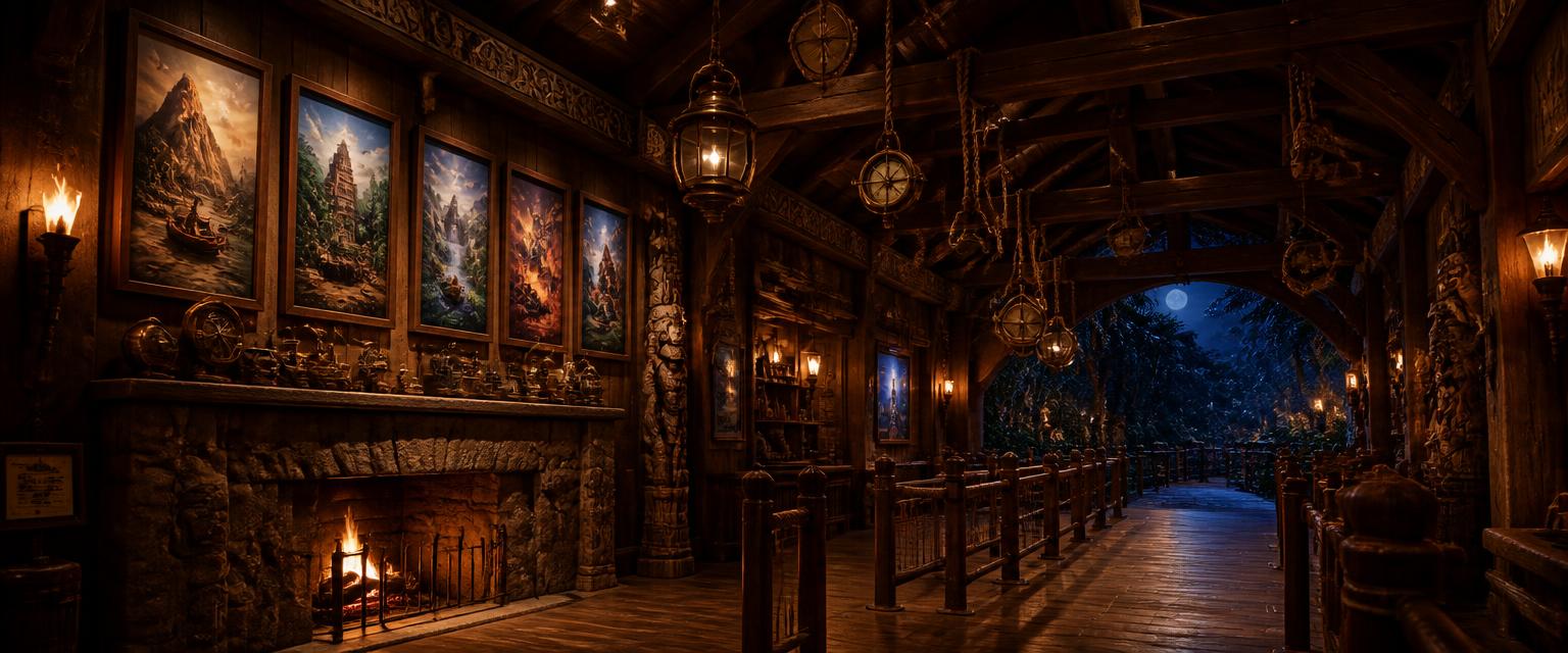 The timber interior of the Adventure Rides Lodge, a stone fireplace, carved totems, framed attraction posters and a moonlit jungle doorway.