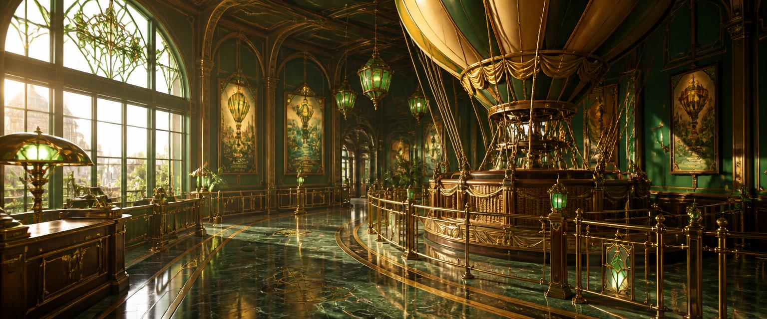 A photoreal emerald-green and gold boarding hall with jewel-glass wall panels, brass railings and a hot-air balloon basket parked at the gate.