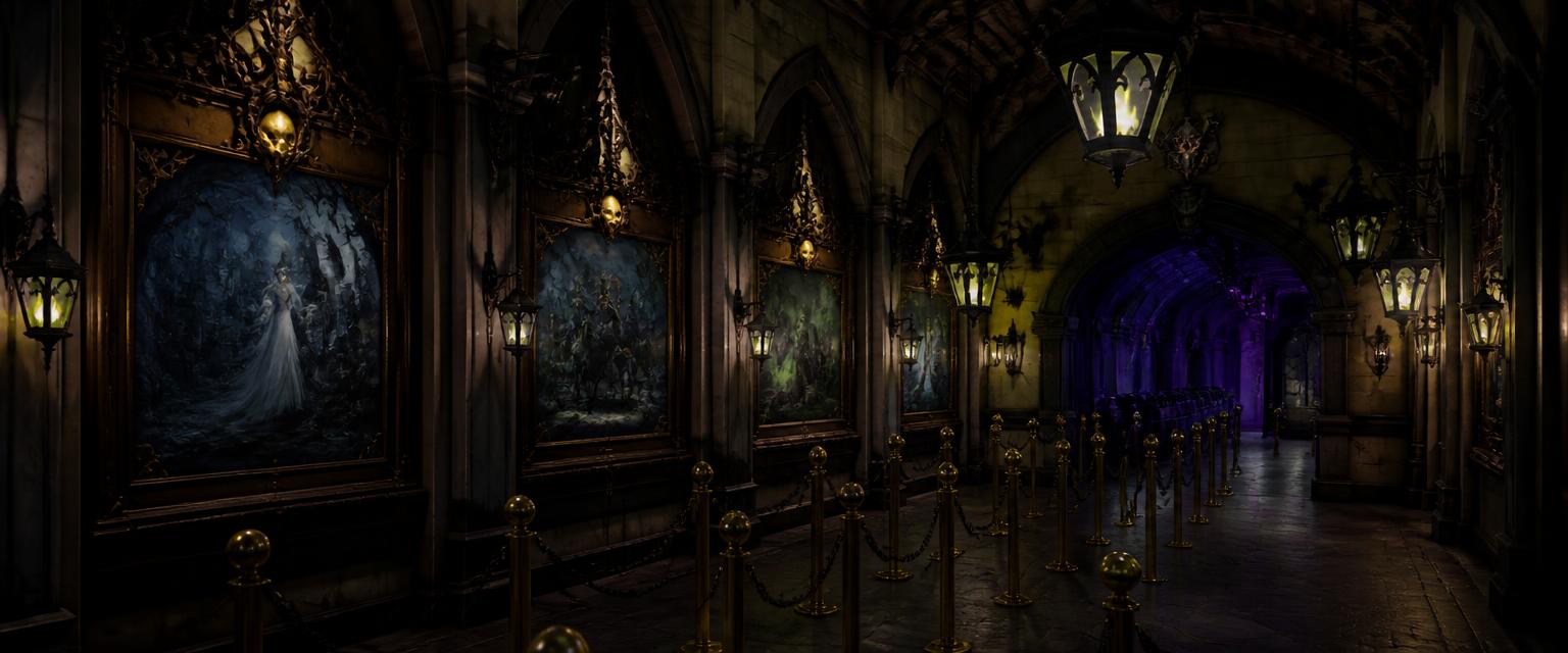 The stone-arched interior of the Dark Ride Pavilion, iron lanterns, framed attraction posters and a loading tunnel glowing at the far end.