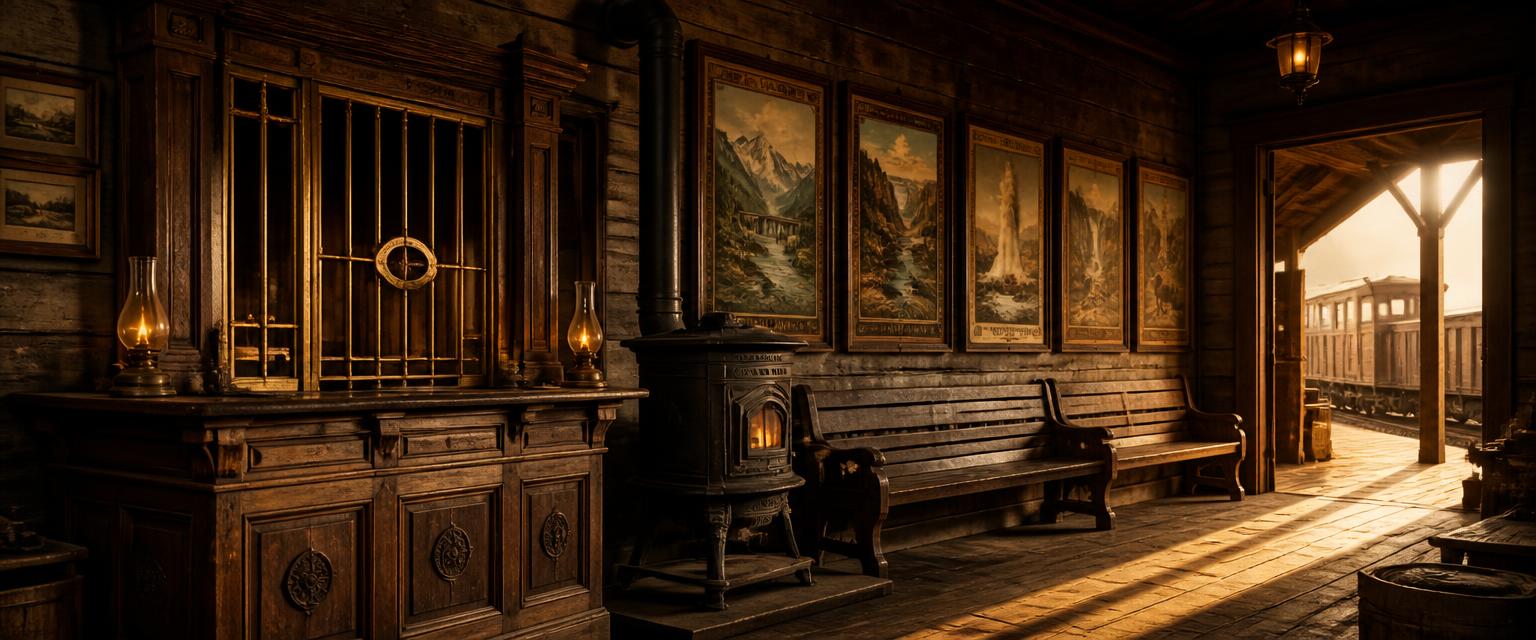 The warm plank-walled interior of a frontier depot ticket office, framed attraction posters above the benches and a train waiting on the platform outside.