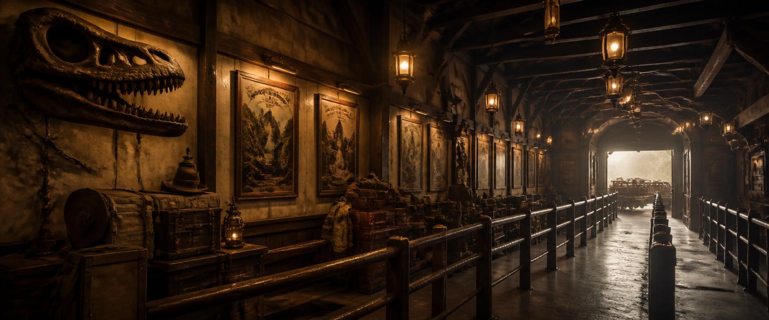 The lantern-lit timber interior of the Expedition Depot, framed attraction posters along the wall and a loading tunnel glowing at the far end.