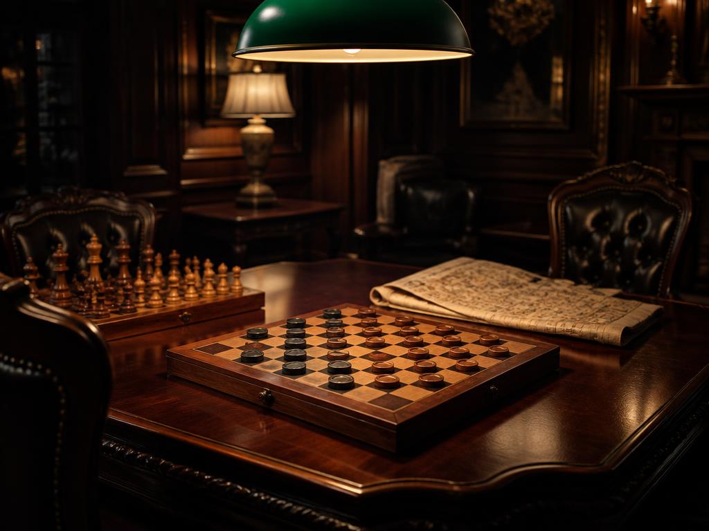 A polished games table with a checkers board mid-game under a green lamp