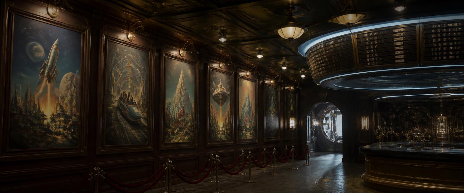 The chrome and dark-wood interior of the Launch Hall, framed attraction posters along the wall, a split-flap departure board and a lit airlock doorway.