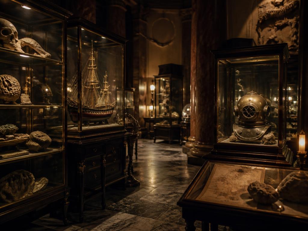 Lamplit museum cabinets holding fossils, a ship model and a diving helmet