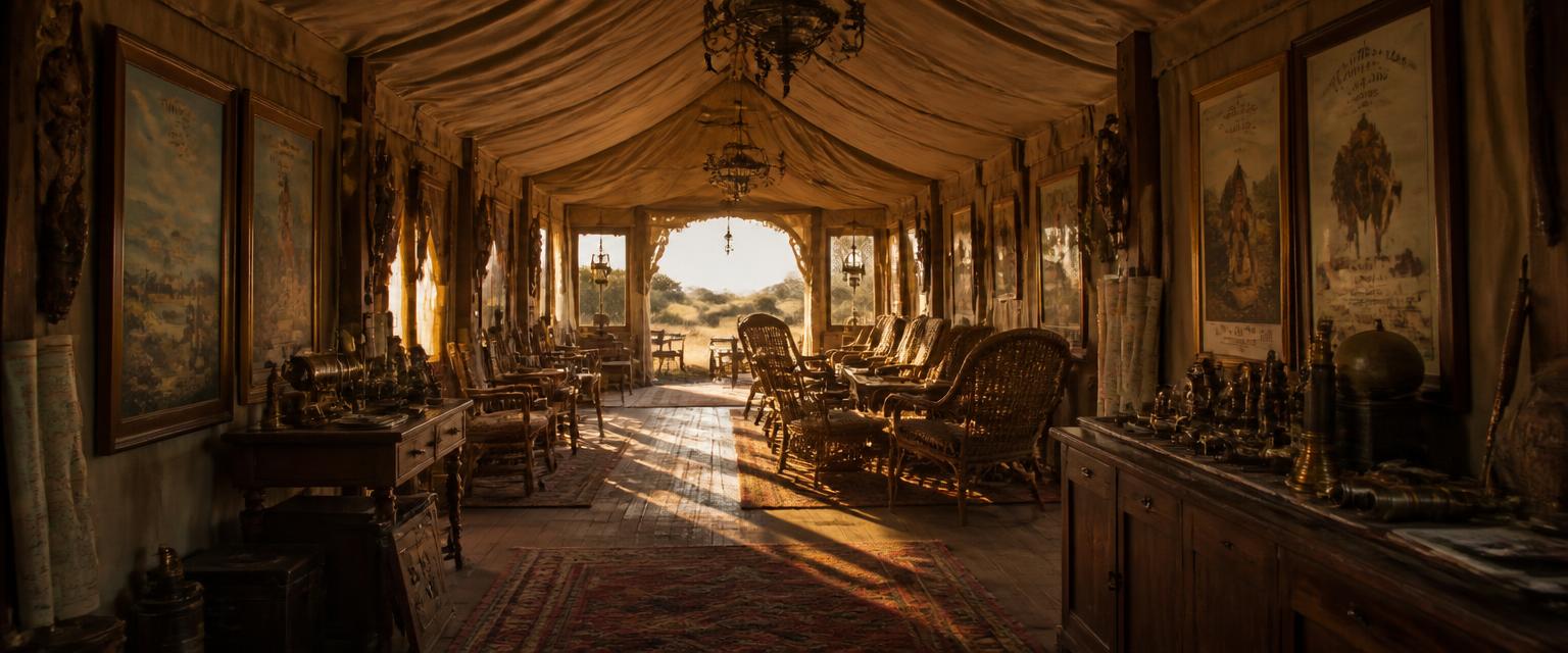 The warm canvas-roofed interior of the Outfitter's Hall, framed attraction posters on the walls and golden savanna light through the archway.