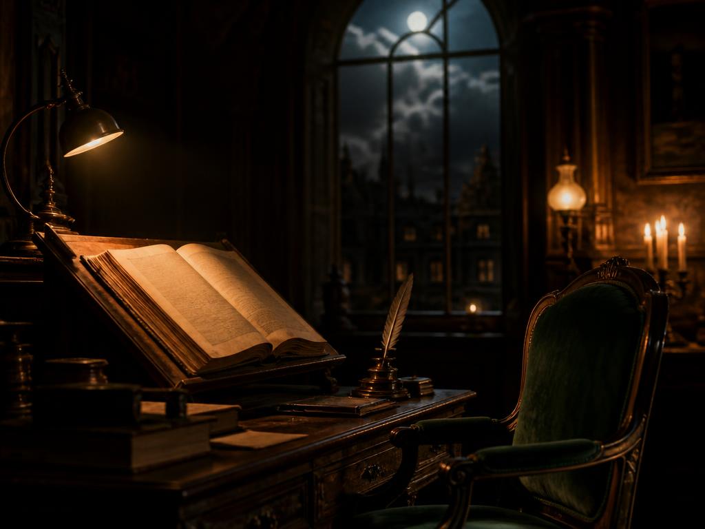 A candlelit desk with an open book of poems by a moonlit window