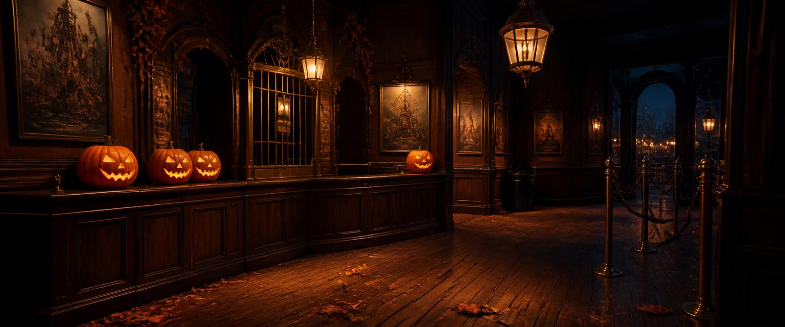 A photoreal lantern-lit ticket hall with dark wood panelling, a brass ticket window, carved jack-o-lanterns on the counter and autumn leaves across the floorboards.