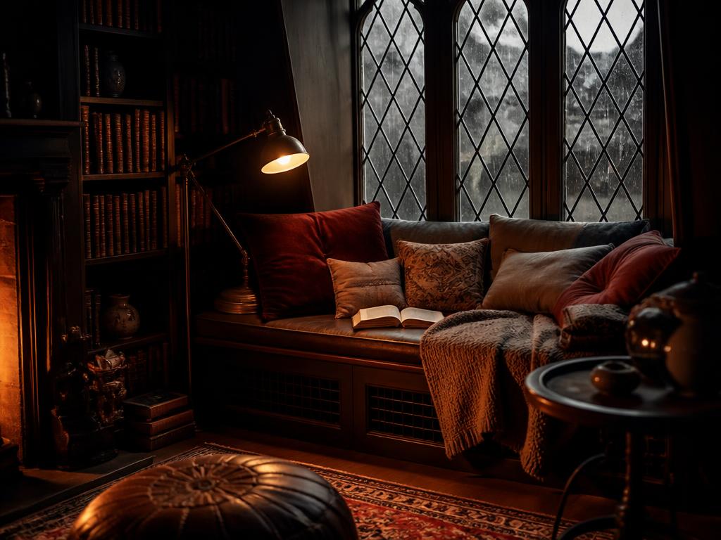A cosy window seat piled with cushions, books and a warm lamp