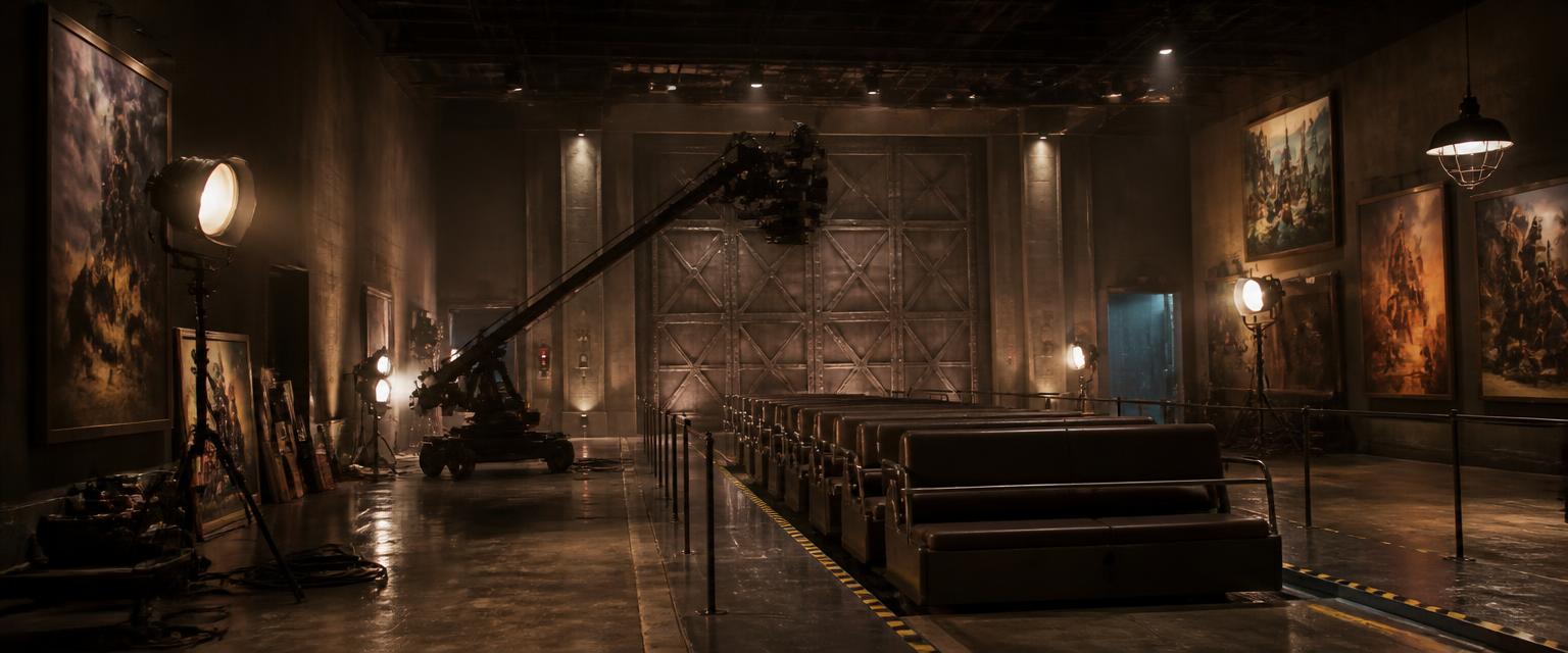 A photoreal 1940s film soundstage interior with huge riveted steel doors, klieg lights on stands, a camera crane on rails and a row of ride benches.
