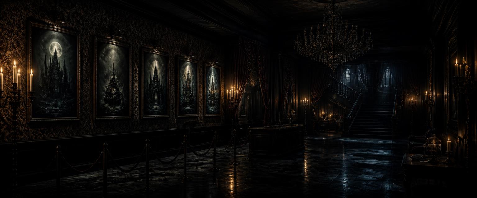 The near-black candlelit foyer of Midnight Manor, framed attraction posters on damask wallpaper and a grand staircase in shadow.