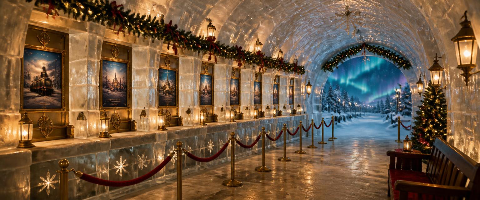 The lantern-lit carved-ice interior of the Ticket Igloo, framed attraction posters along the wall and an aurora-lit archway at the far end.