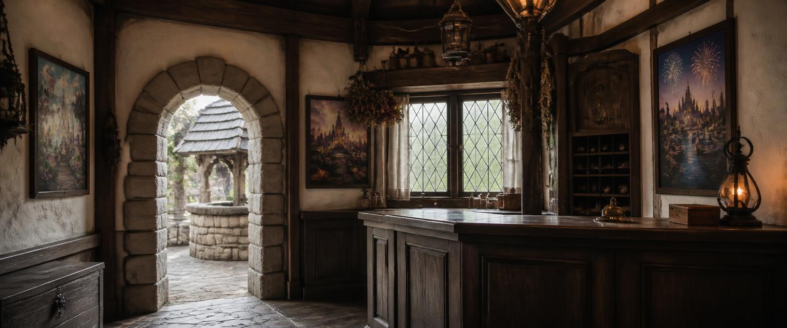 A photoreal storybook toll house interior with whitewashed plaster, dark oak beams, a stone archway onto a wishing well, and an old wooden ticket desk.